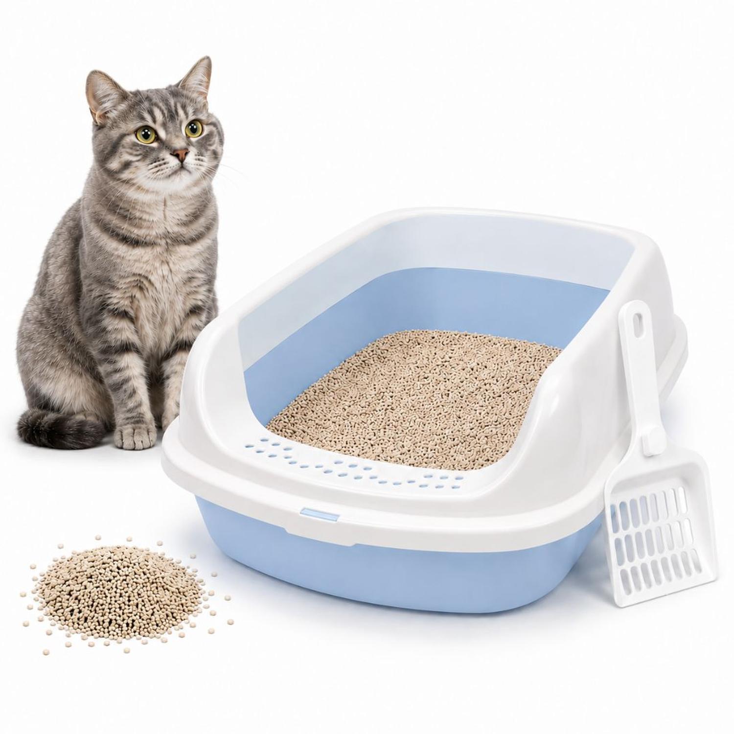 CAJA DE ARENA ARENERO SANITARIO PARA GATO ANTIDERRAMES CON PALA 13X30X42CM CELESTE TAMAÑO M - 1