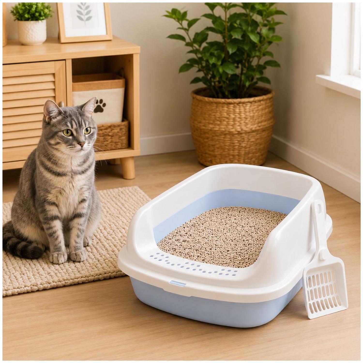 CAJA DE ARENA ARENERO SANITARIO PARA GATO ANTIDERRAMES CON PALA 13X30X42CM CELESTE TAMAÑO M - 2