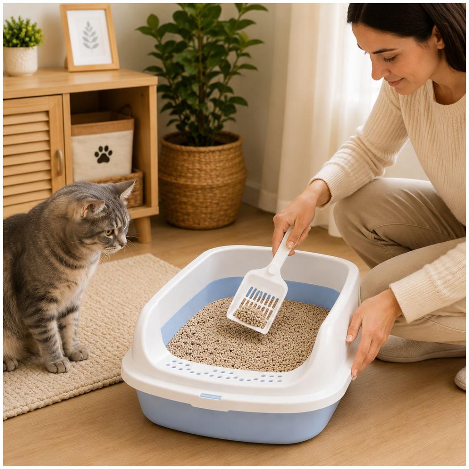 CAJA DE ARENA ARENERO SANITARIO PARA GATO ANTIDERRAMES CON PALA 13X30X42CM CELESTE TAMAÑO M - 3