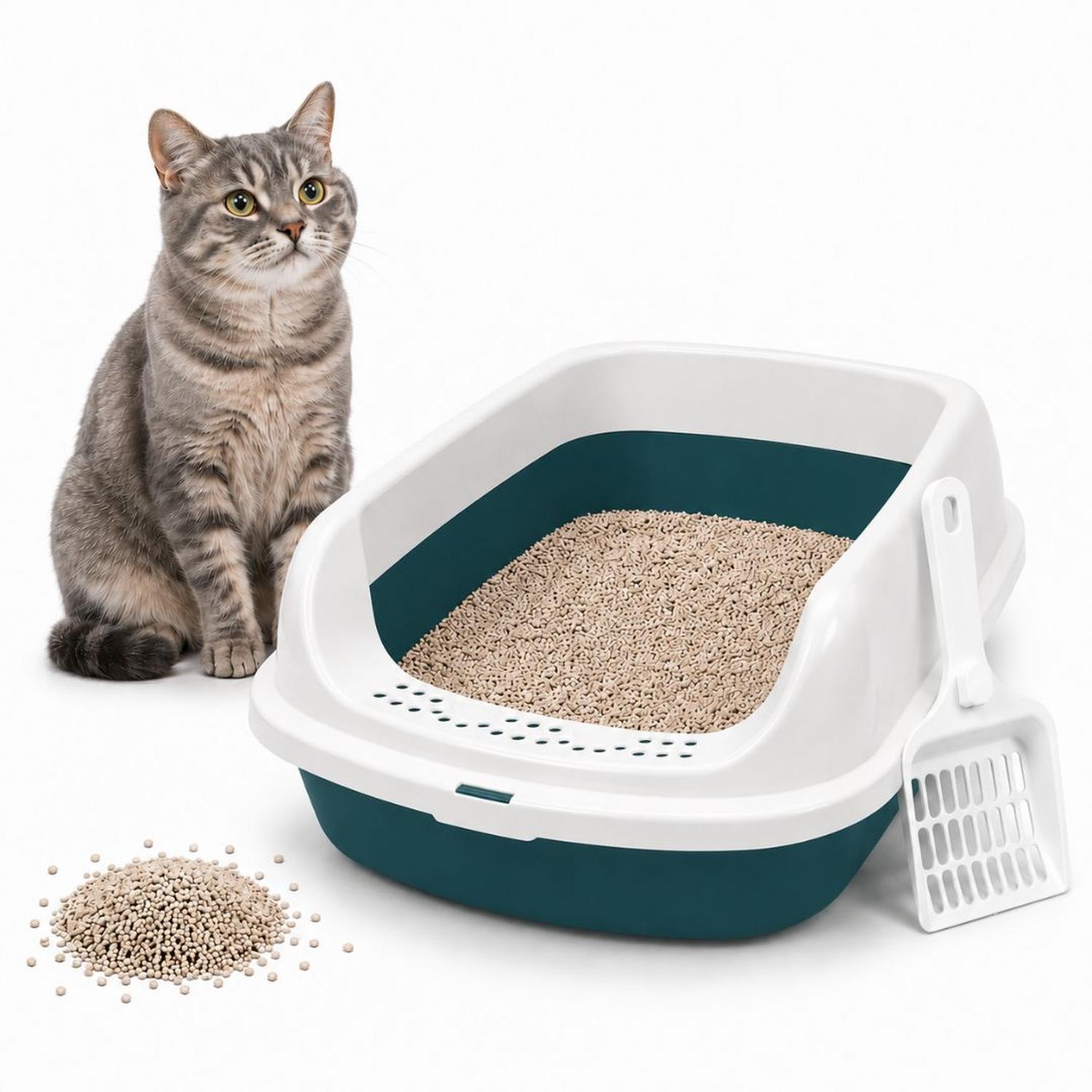 CAJA DE ARENA ARENERO SANITARIO PARA GATO ANTIDERRAMES CON PALA 13X30X42CM VERDE TAMAÑO M - 1