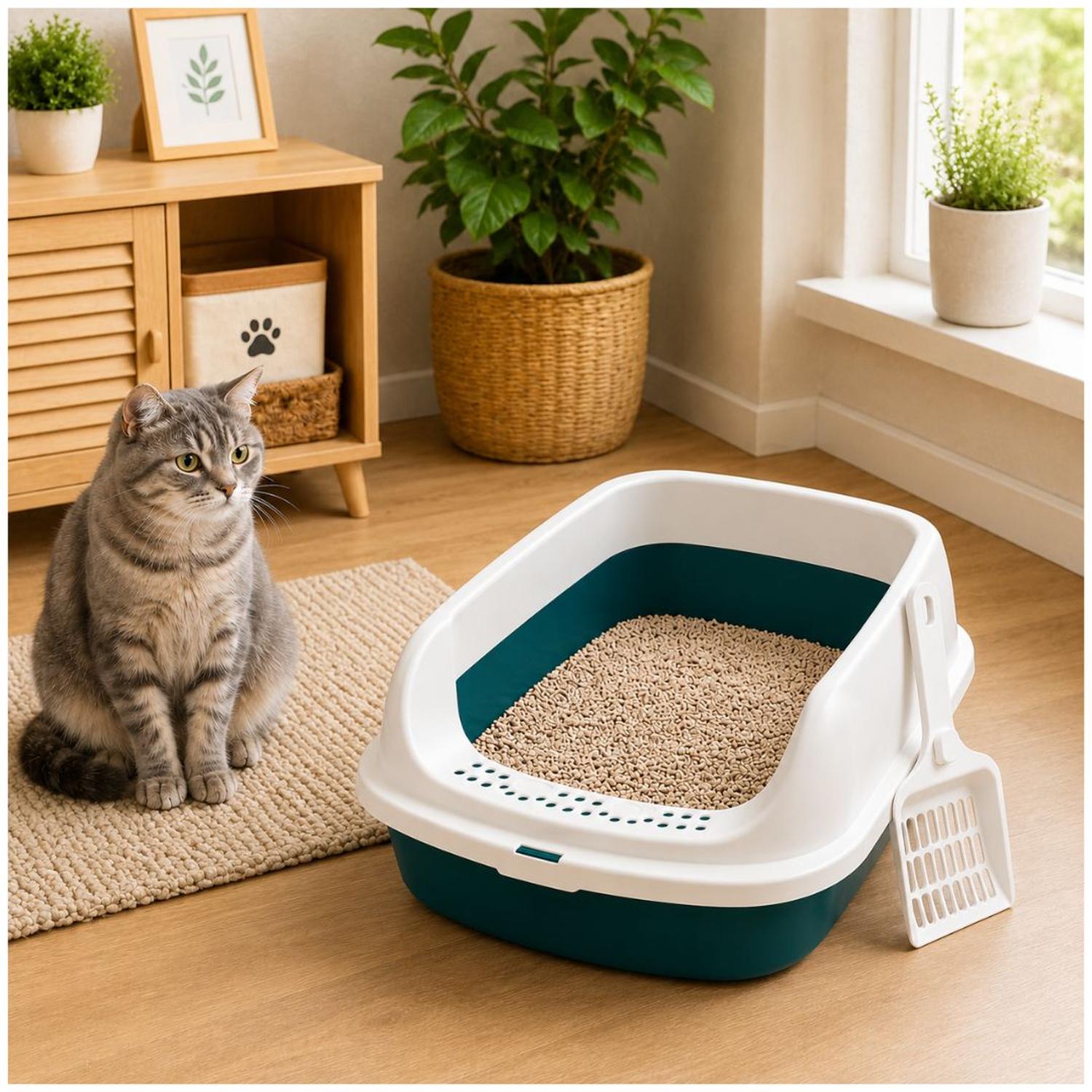 CAJA DE ARENA ARENERO SANITARIO PARA GATO ANTIDERRAMES CON PALA 13X30X42CM VERDE TAMAÑO M - 2