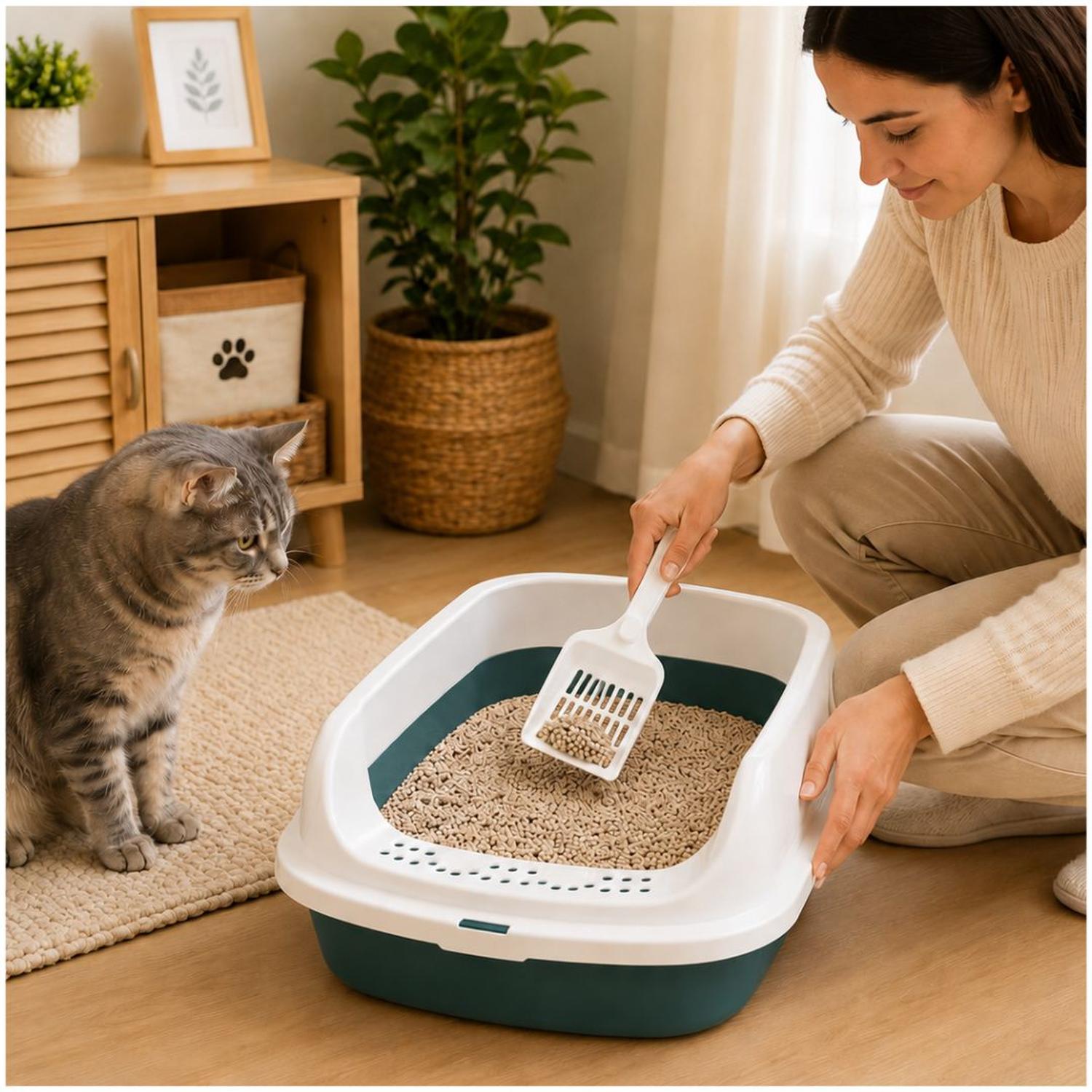 CAJA DE ARENA ARENERO SANITARIO PARA GATO ANTIDERRAMES CON PALA 13X30X42CM VERDE TAMAÑO M - 3