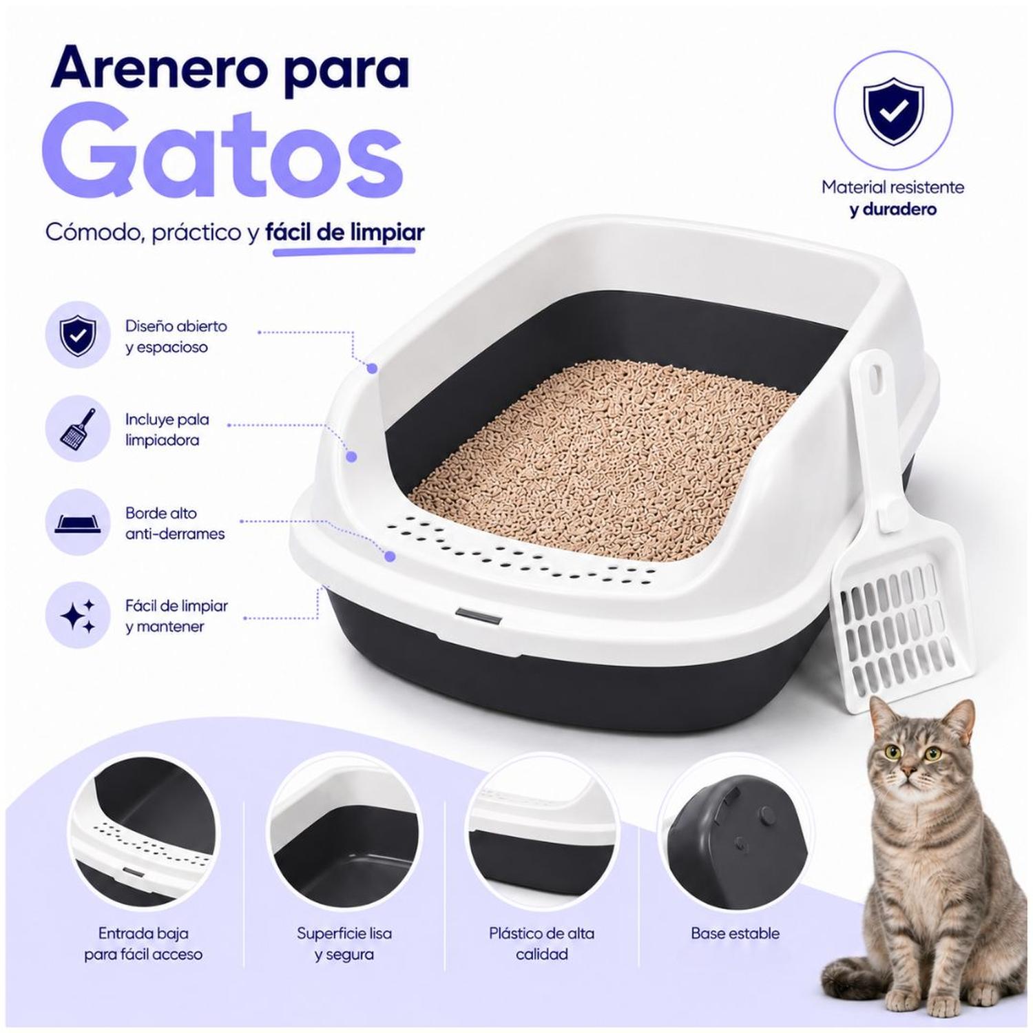 CAJA DE ARENA ARENERO SANITARIO PARA GATO ANTIDERRAMES CON PALA 13X30X42CM VERDE TAMAÑO M - 4
