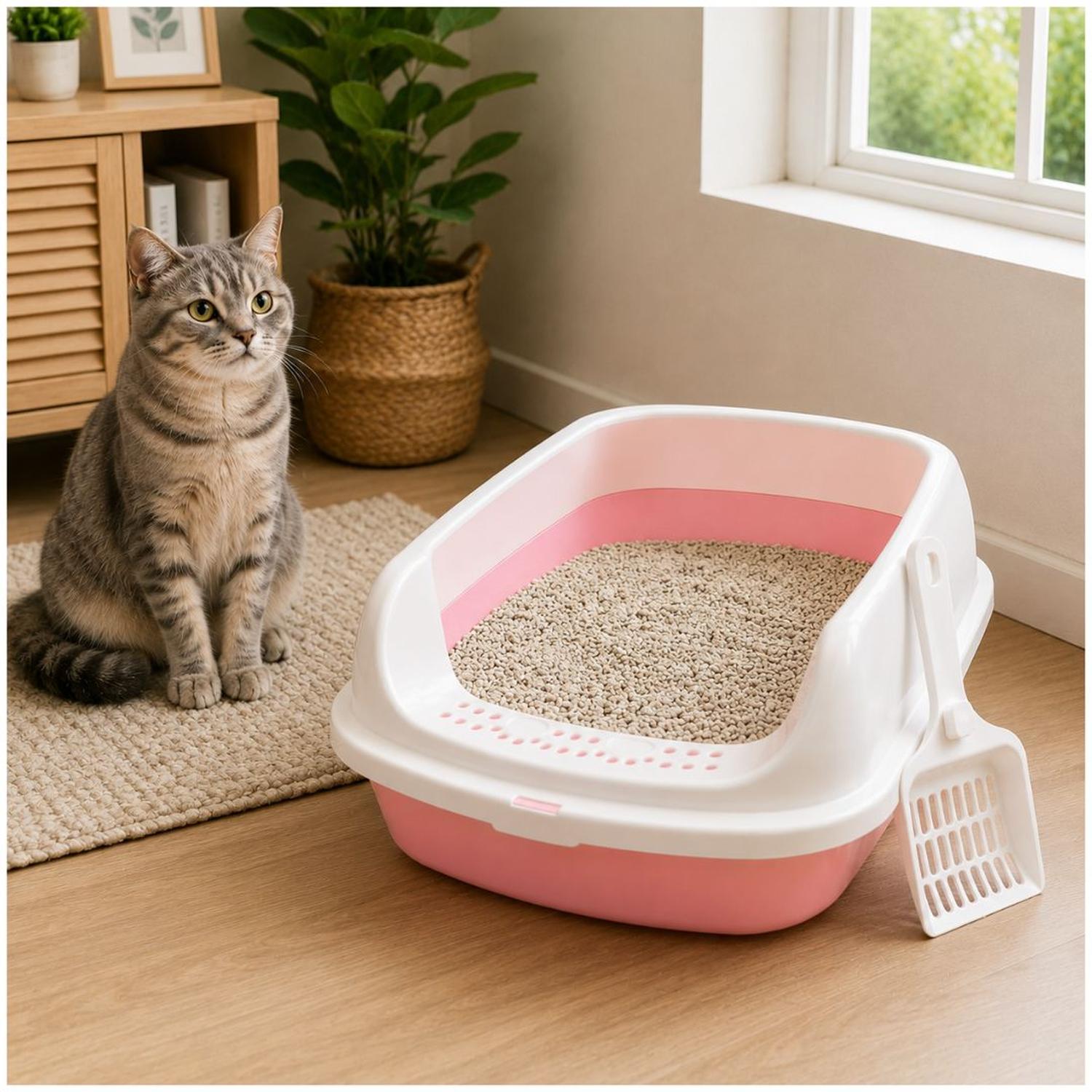 CAJA DE ARENA ARENERO SANITARIO PARA GATO ANTIDERRAMES CON PALA 13X30X42CM ROSA TAMAÑO M - 2