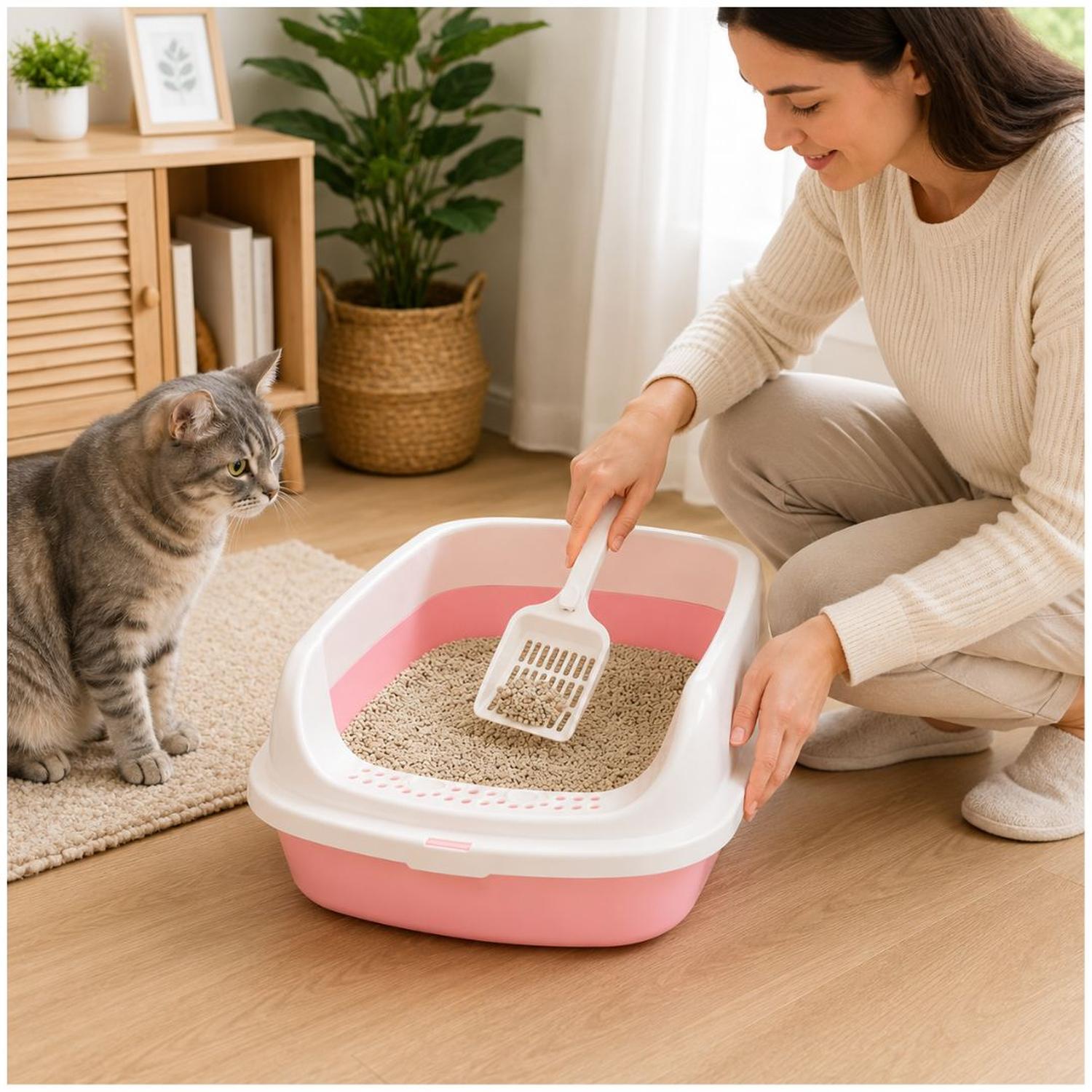 CAJA DE ARENA ARENERO SANITARIO PARA GATO ANTIDERRAMES CON PALA 13X30X42CM ROSA TAMAÑO M - 3