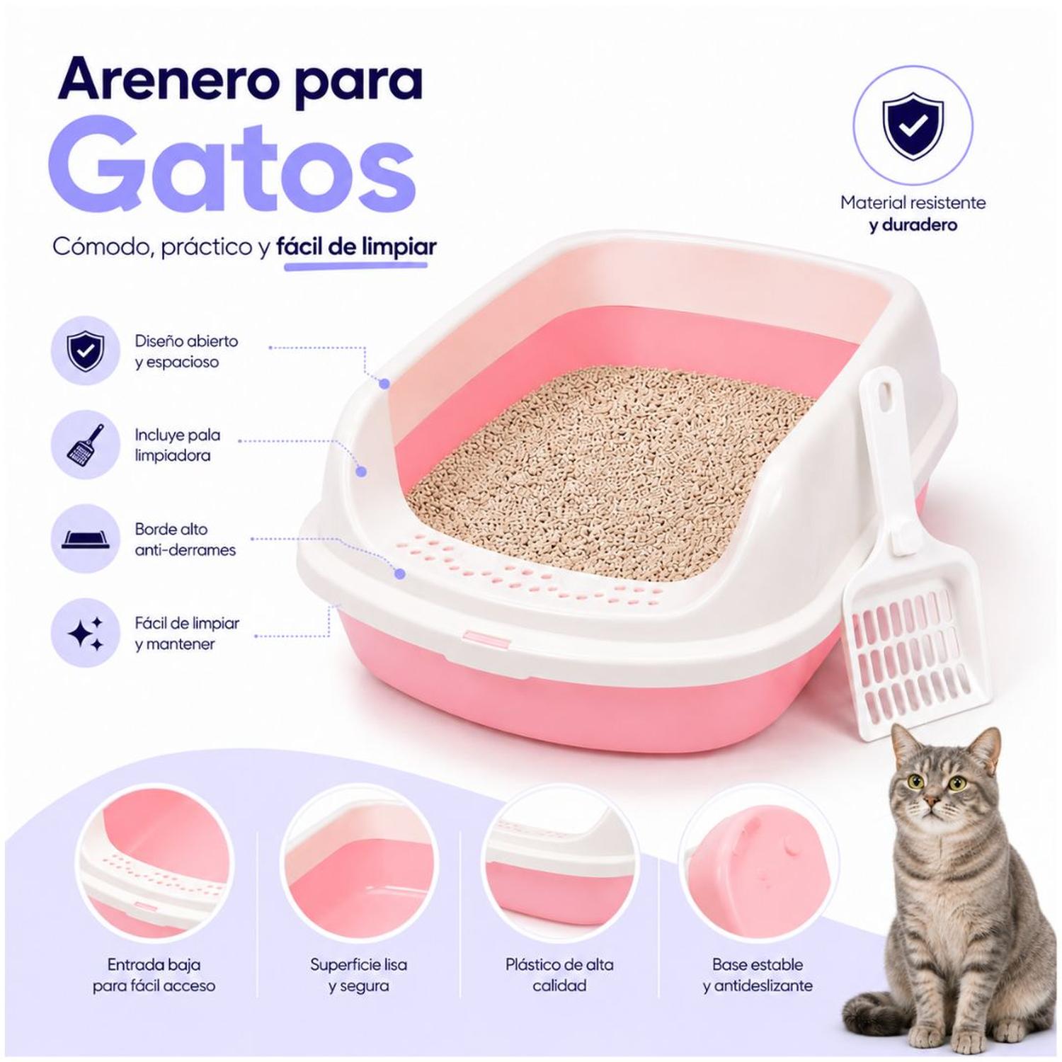 CAJA DE ARENA ARENERO SANITARIO PARA GATO ANTIDERRAMES CON PALA 13X30X42CM ROSA TAMAÑO M - 4