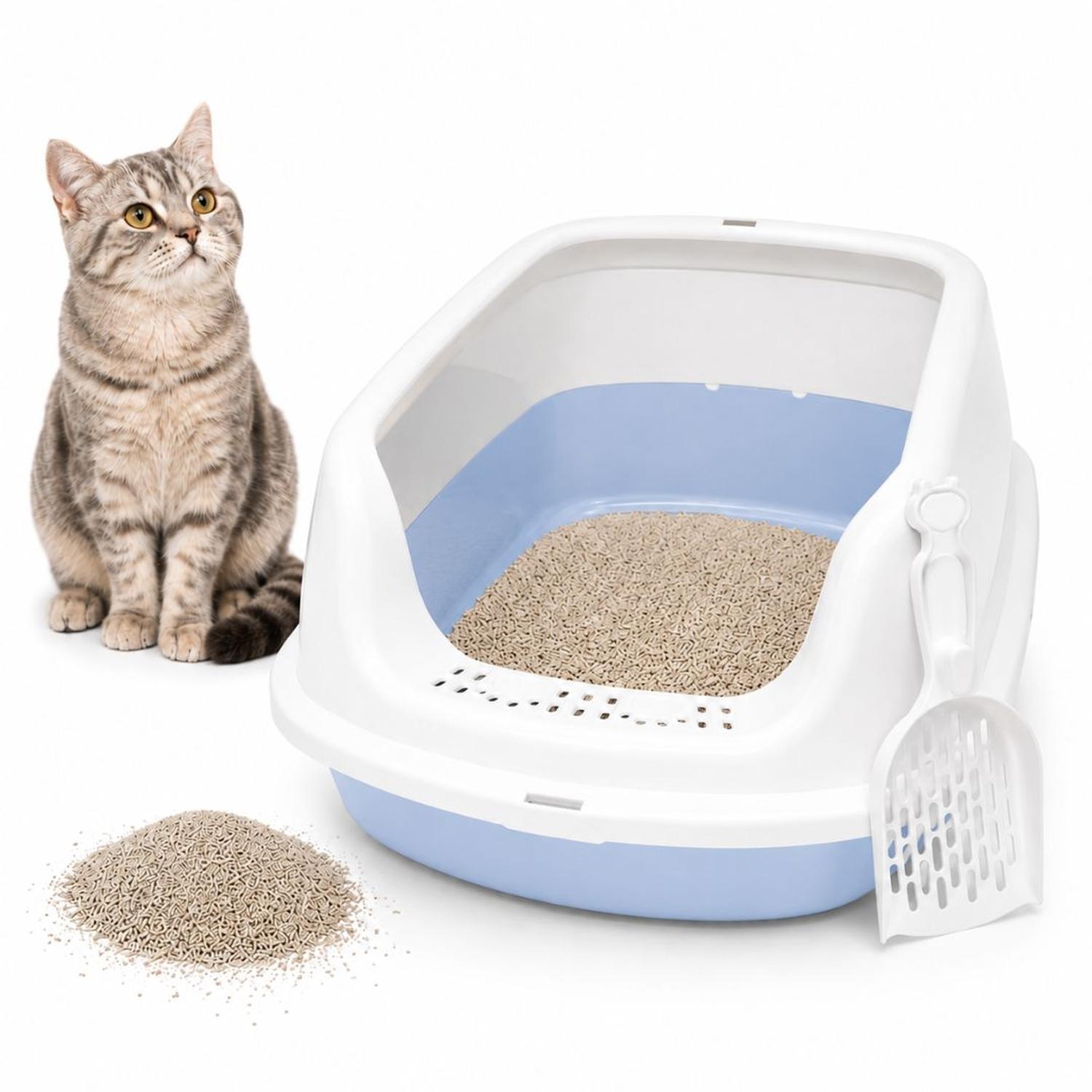 CAJA DE ARENA ARENERO SANITARIO PARA GATO ANTIDERRAMES CON PALA 24X38X50CM CELESTE TAMAÑO M - 1