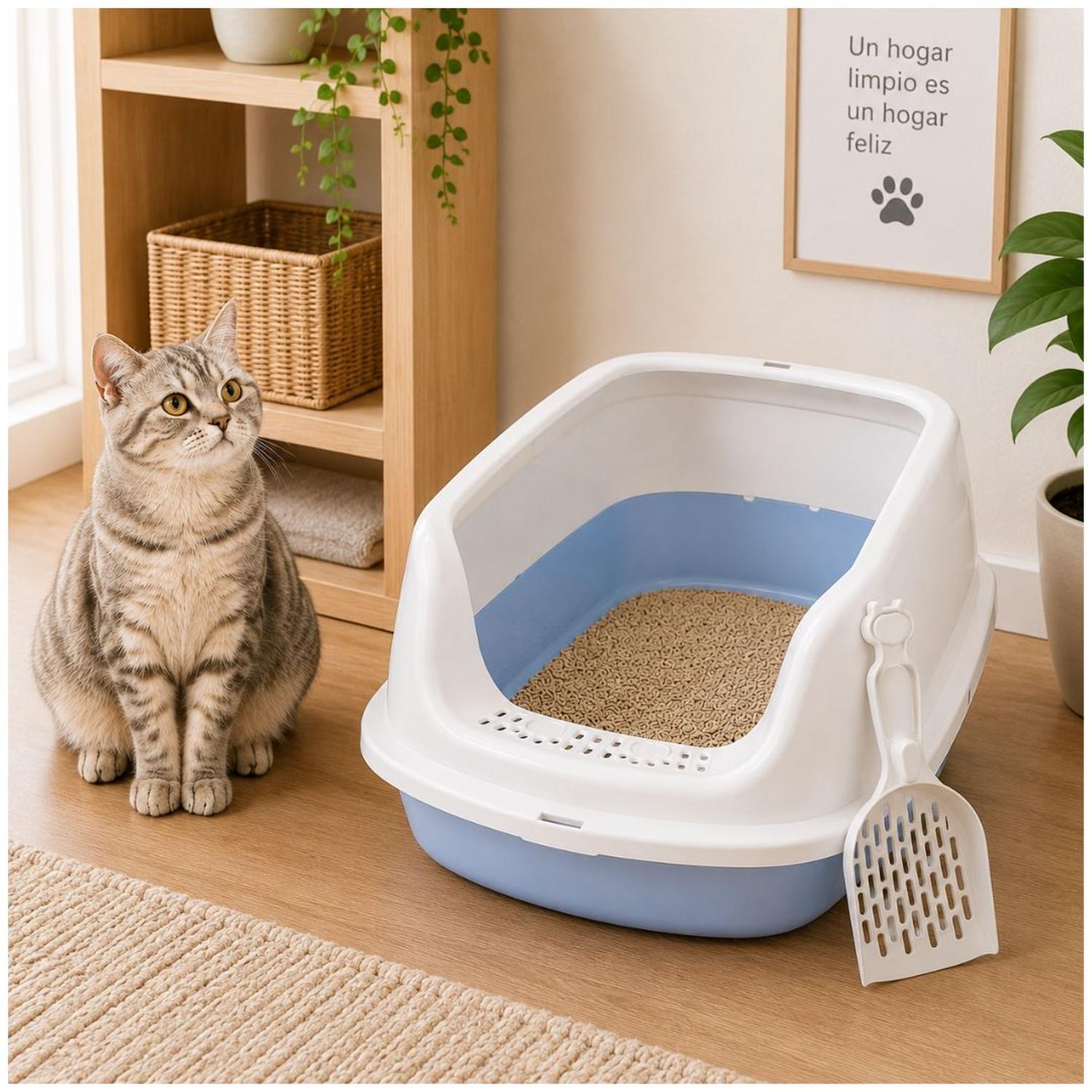 CAJA DE ARENA ARENERO SANITARIO PARA GATO ANTIDERRAMES CON PALA 24X38X50CM CELESTE TAMAÑO M - 2