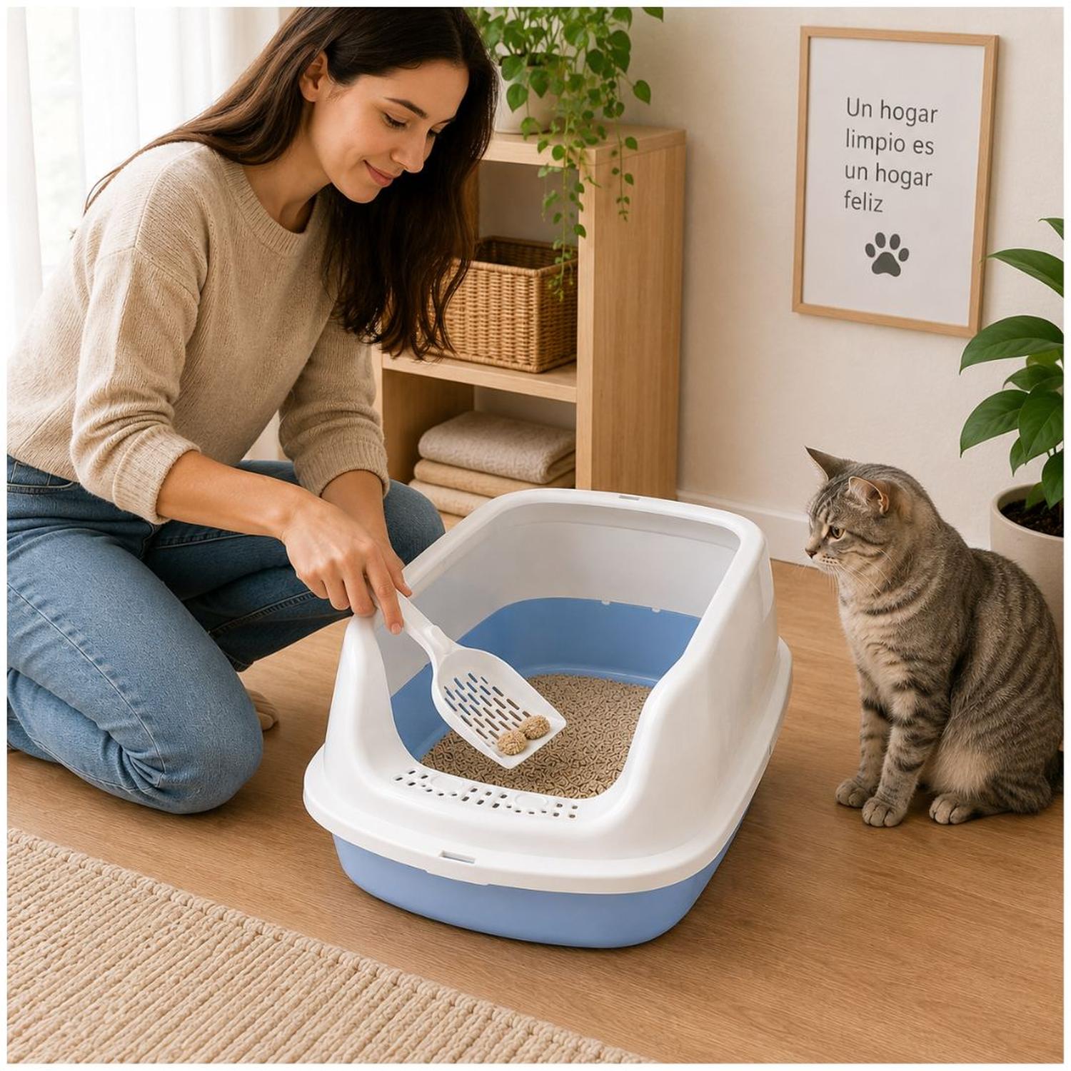 CAJA DE ARENA ARENERO SANITARIO PARA GATO ANTIDERRAMES CON PALA 24X38X50CM CELESTE TAMAÑO M - 4