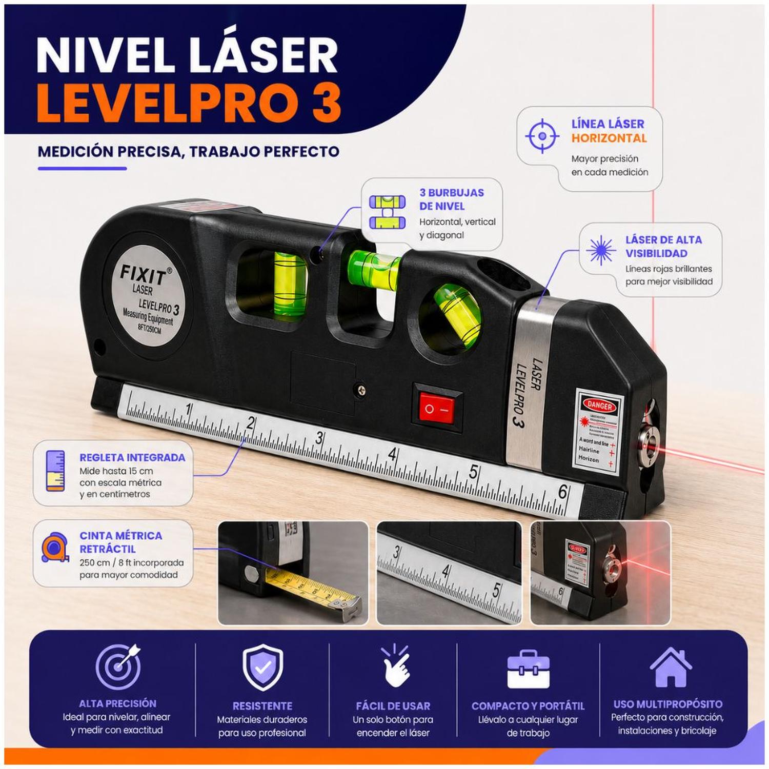 NIVEL LÁSER MULTIFUNCIONAL 3 EN 1 FIXIT LEVELPRO 3 CINTA MÉTRICA REGLA NIVEL - 6