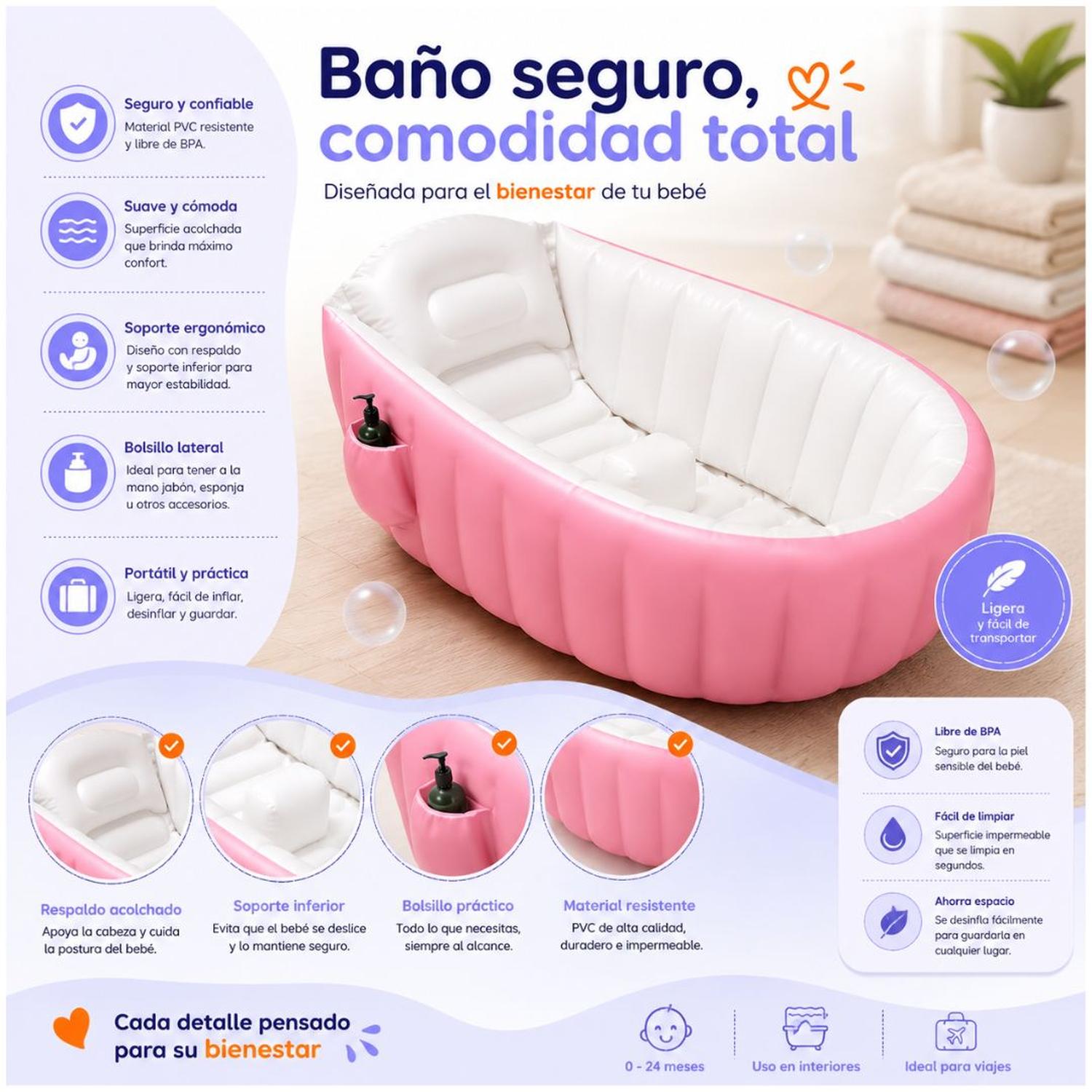 BAÑERA INFLABLE PARA BEBÉ 12001 CON SOPORTE ACOLCHADA PORTÁTIL FÁCIL DE GUARDAR TAMAÑO M - 1