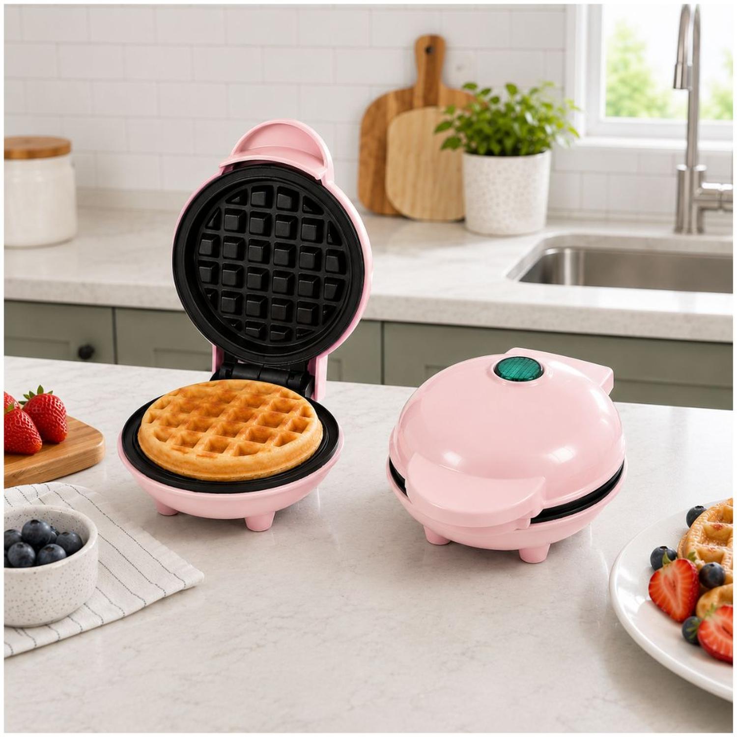 MINI WAFFLERA ANTIADHERENTE ELÉCTRICA PORTÁTIL DE 350W ROSADO - 1