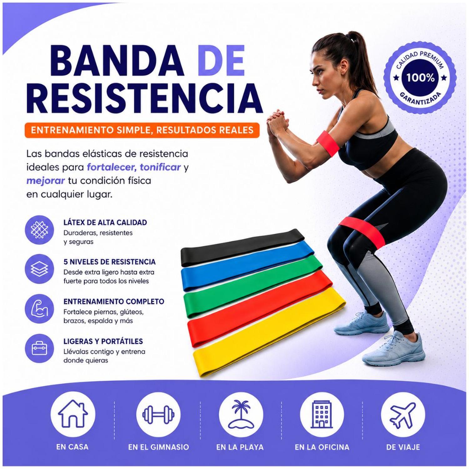 SET X5 BANDAS ELÁSTICAS DE RESISTENCIA PARA EJERCICIOS FITNESS GLÚTEOS PIERNAS YOGA PILATES - 2