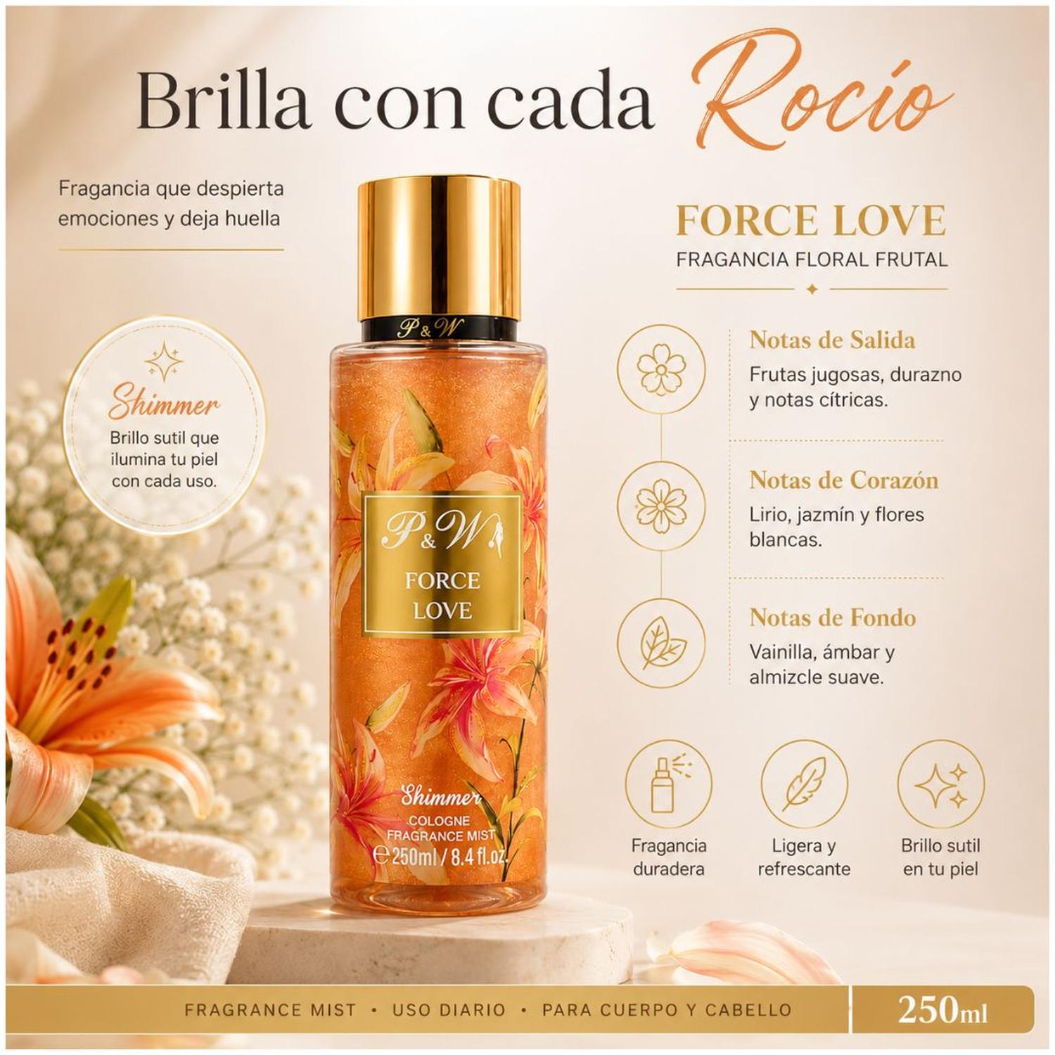 PERFUME MUJER 250ML COLONIA CORPORAL PYW FORCE LOVE FRAGANCIA FLORAL CON BRILLO - 4