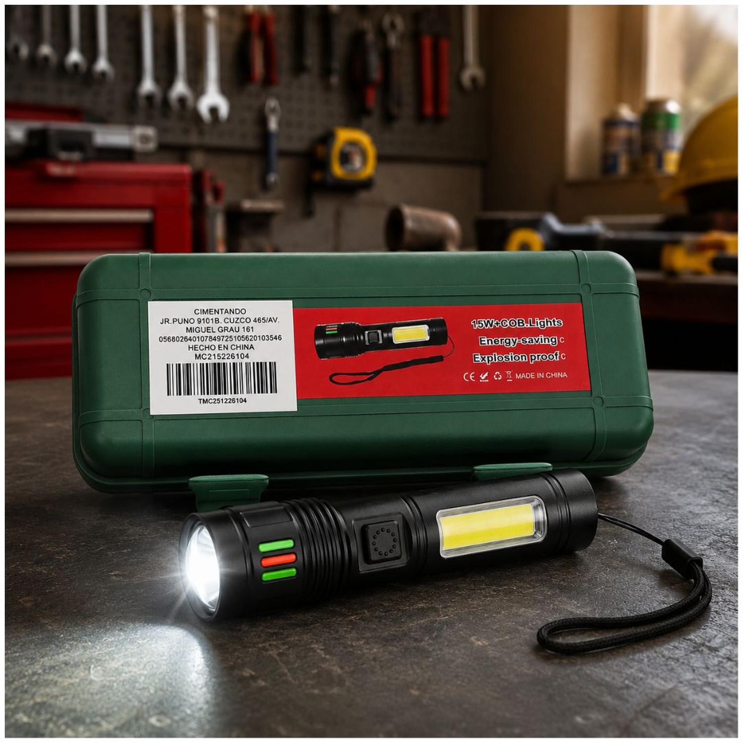 LINTERNA LED RECARGABLE MULTIFUNCIÓN POTENTE 15W LUZ FRONTAL Y LATERAL ENFOQUE AJUSTABLE - 1
