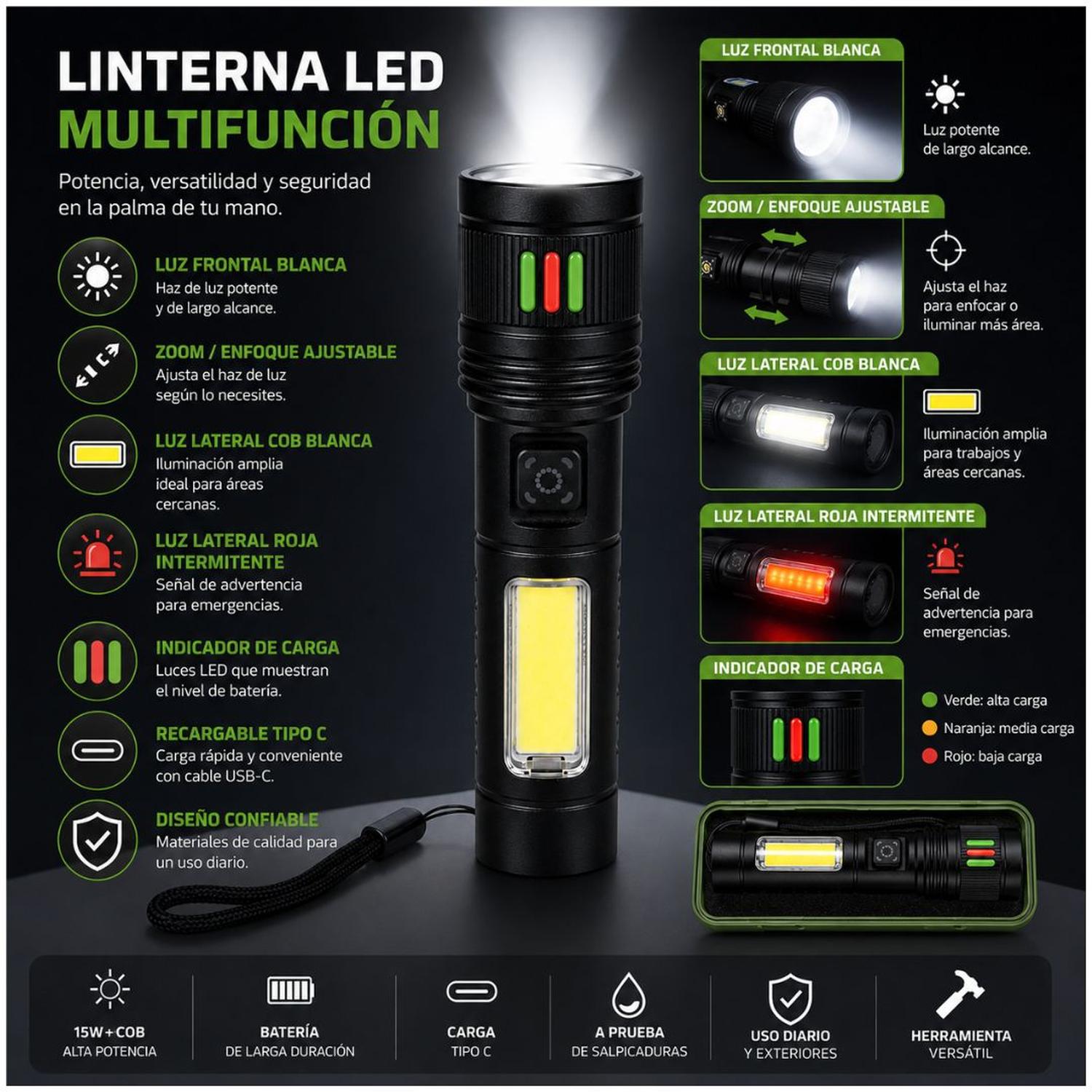 LINTERNA LED RECARGABLE MULTIFUNCIÓN POTENTE 15W LUZ FRONTAL Y LATERAL ENFOQUE AJUSTABLE - 2