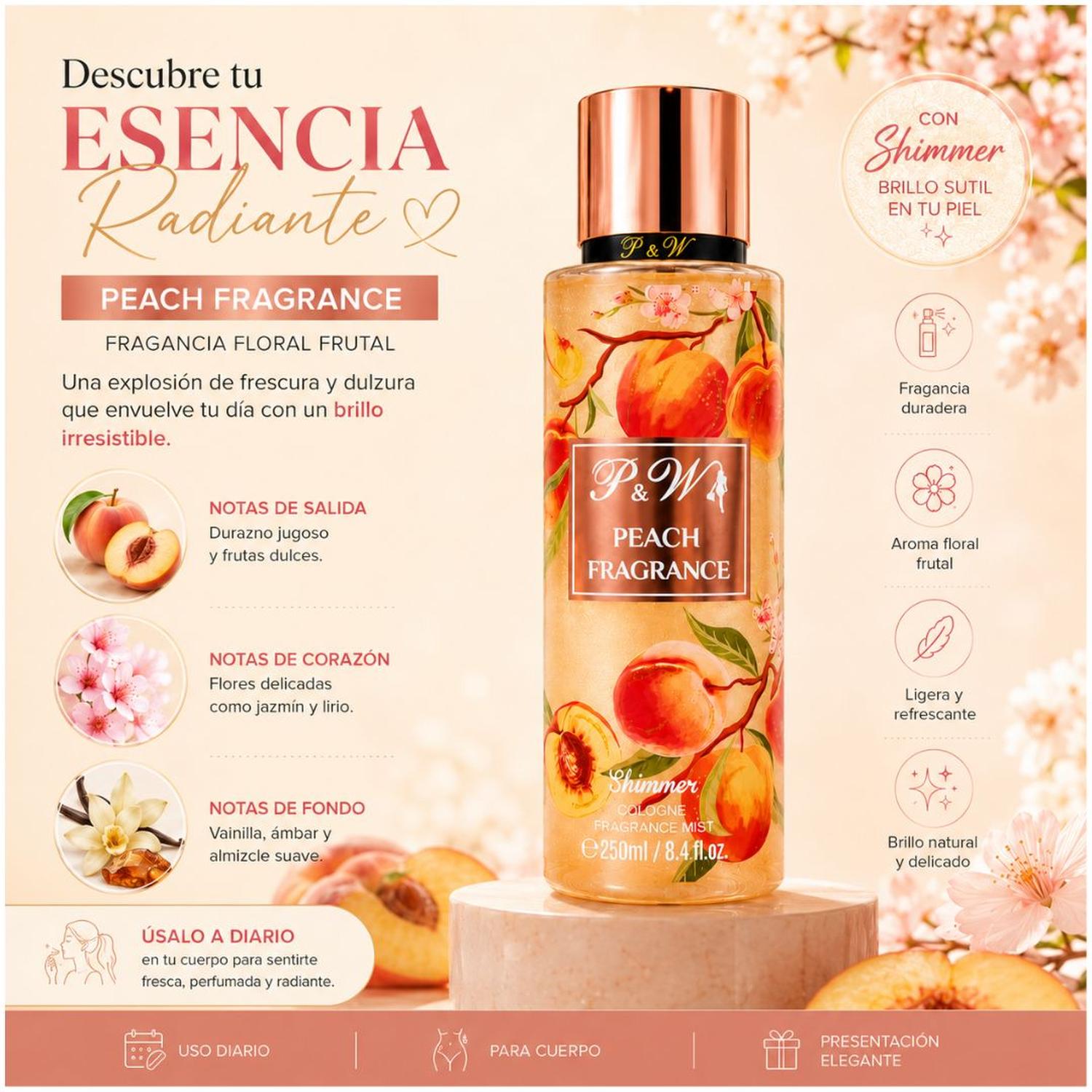 PERFUME MUJER 250ML COLONIA CORPORAL PYW FRAGANCIA DURAZNO CON BRILLO - 4