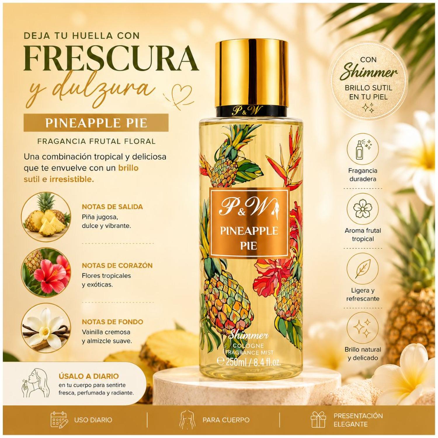 PERFUME MUJER 250ML COLONIA CORPORAL PYW FRAGANCIA TROPICAL PIÑA CON BRILLO - 4