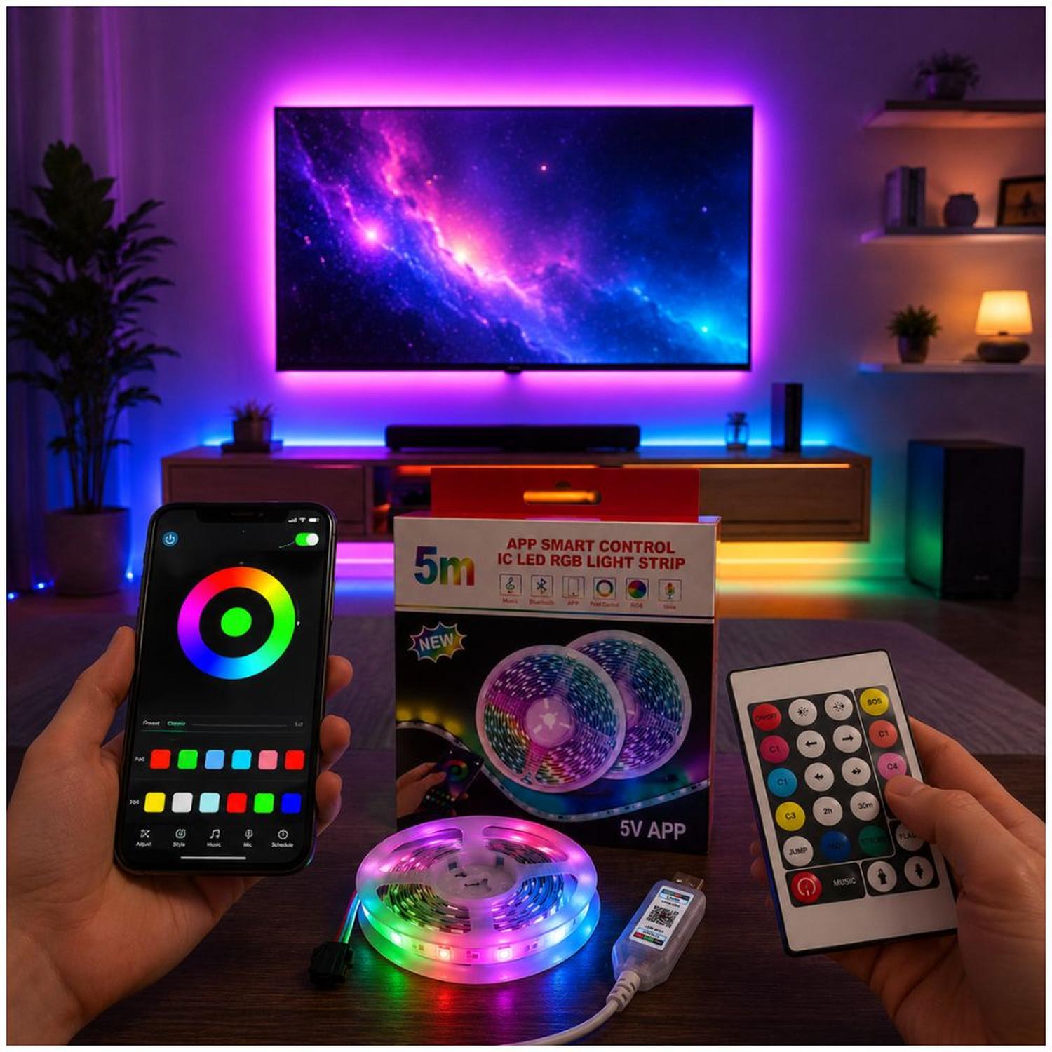 CINTA LUZ LED RGB DE 5 METROS CON CONECTOR USB Y CONTROL REMOTO - 1