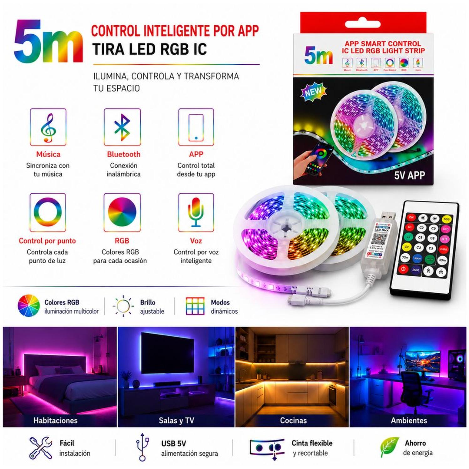 CINTA LUZ LED RGB DE 5 METROS CON CONECTOR USB Y CONTROL REMOTO - 4