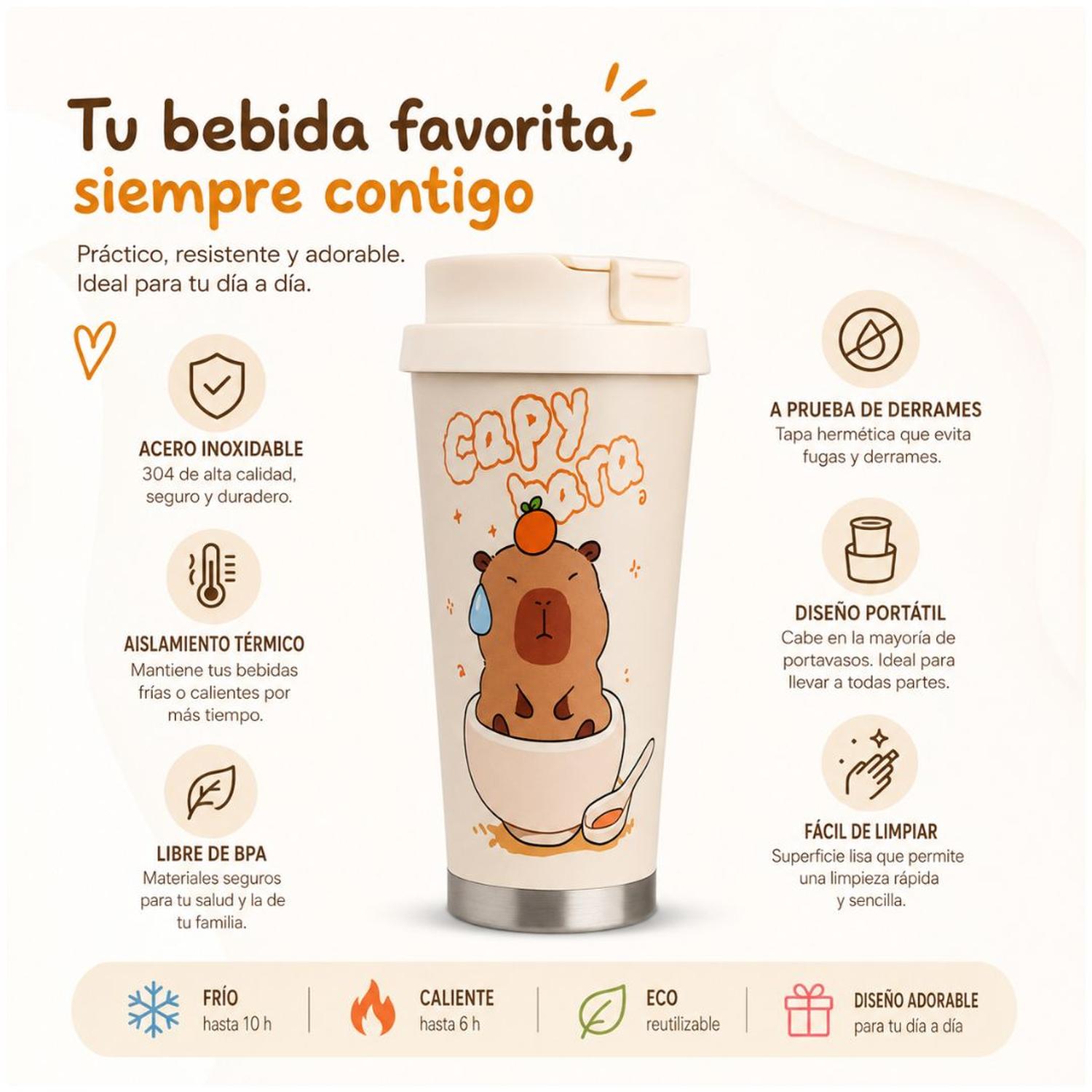 VASO TÉRMICO TOMATODO TERMO MULTIUSOS CREMA FRÍO CALIENTE DISEÑO CAPIBARA ALEATORIO - 3