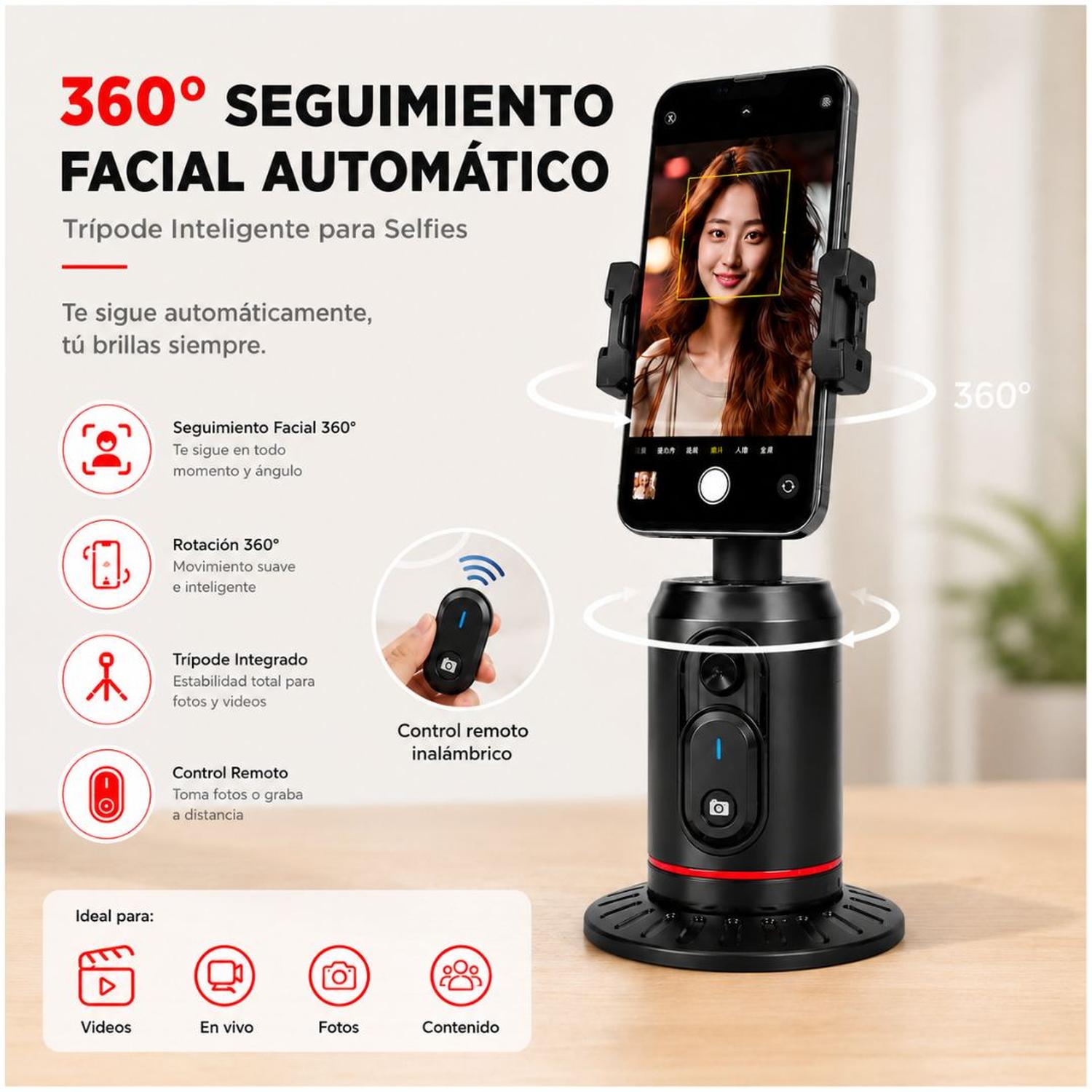 SELFIE STICK CON IA TRÍPODE INTELIGENTE Q02 SEGUIMIENTO FACIAL 360° CONTROL REMOTO - 3