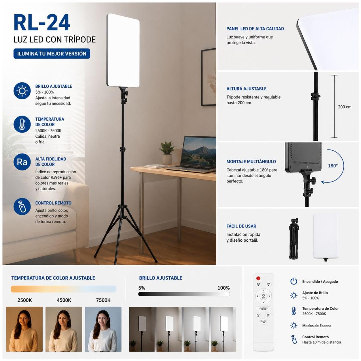 LÁMPARA PANEL LUZ LED RL-24 FOTOGRAFÍA PROFESIONAL + TRÍPODE + CONTROL REMOTO - 3
