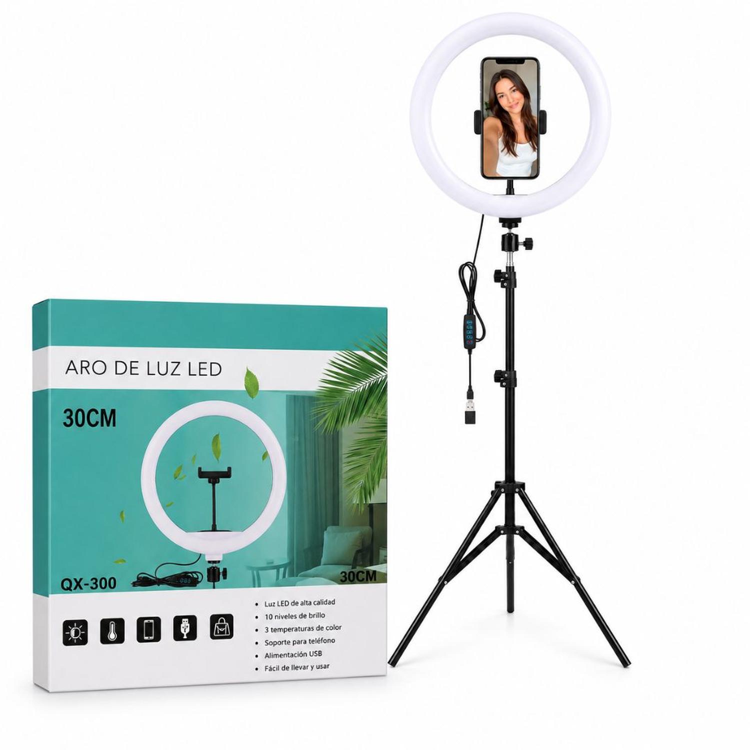 ARO DE LUZ LED 30CM CON SOPORTE PARA CELULAR QX-300 3 TONOS DE LUZ + TRÍPODE - 1