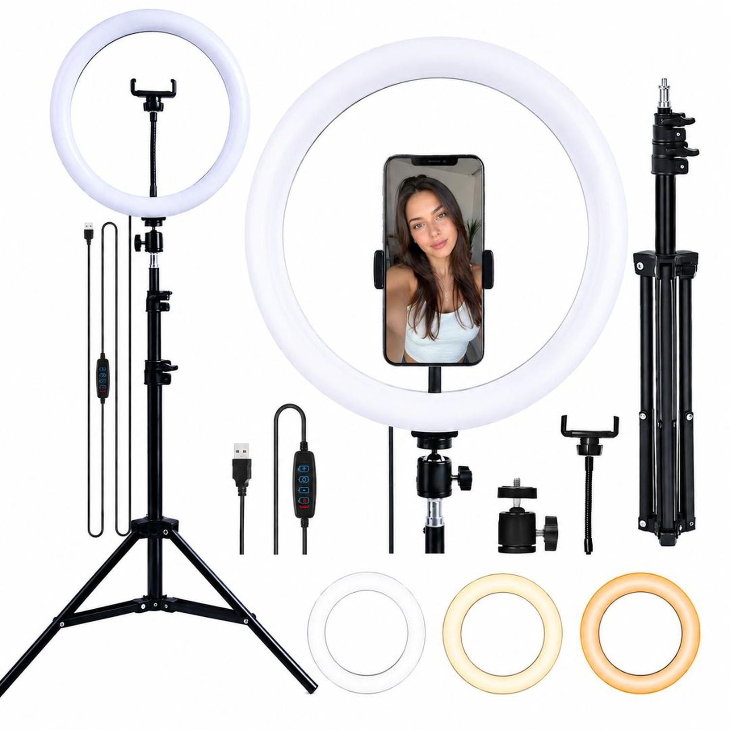 ARO DE LUZ LED 30CM CON SOPORTE PARA CELULAR QX-300 3 TONOS DE LUZ + TRÍPODE - 2