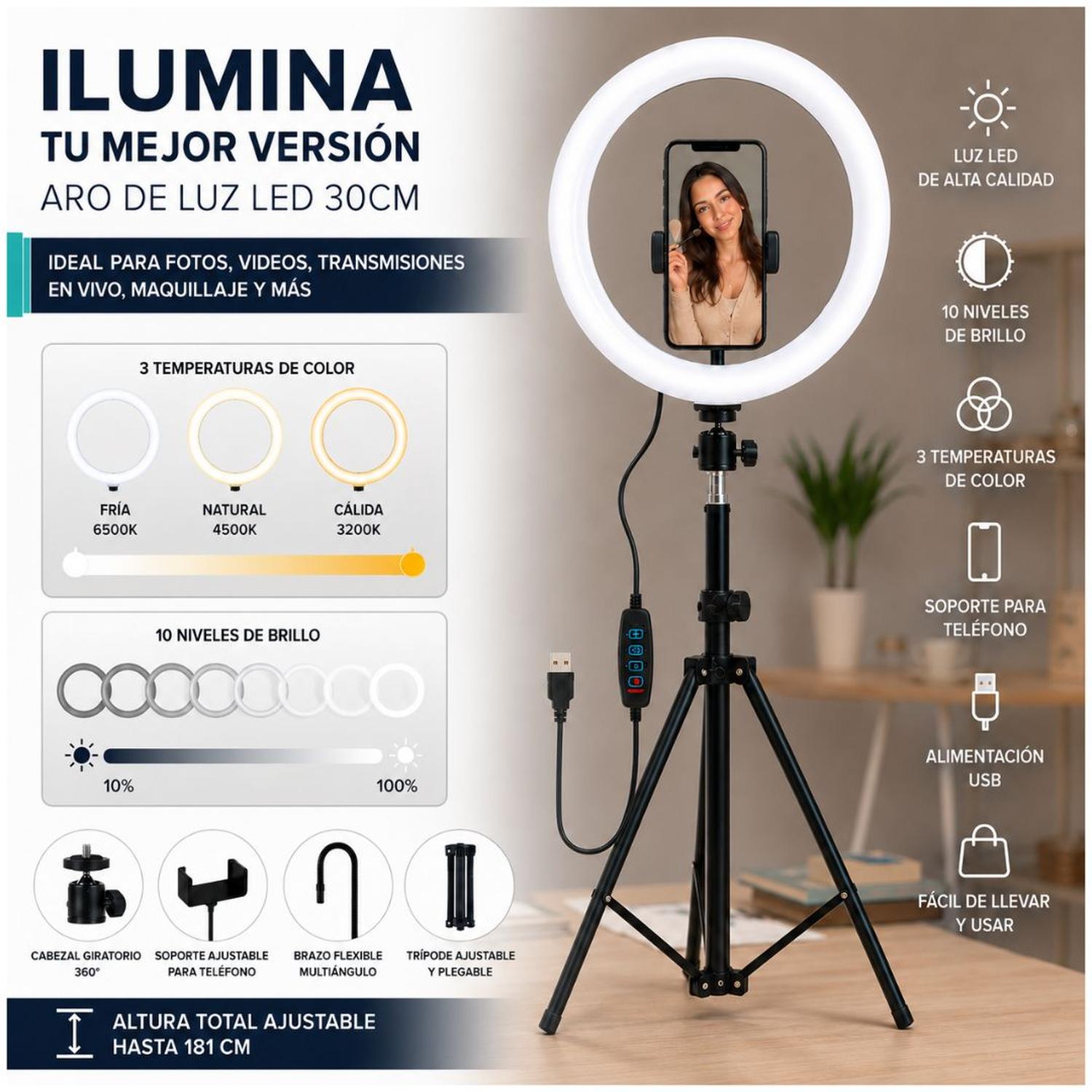 ARO DE LUZ LED 30CM CON SOPORTE PARA CELULAR QX-300 3 TONOS DE LUZ + TRÍPODE - 3