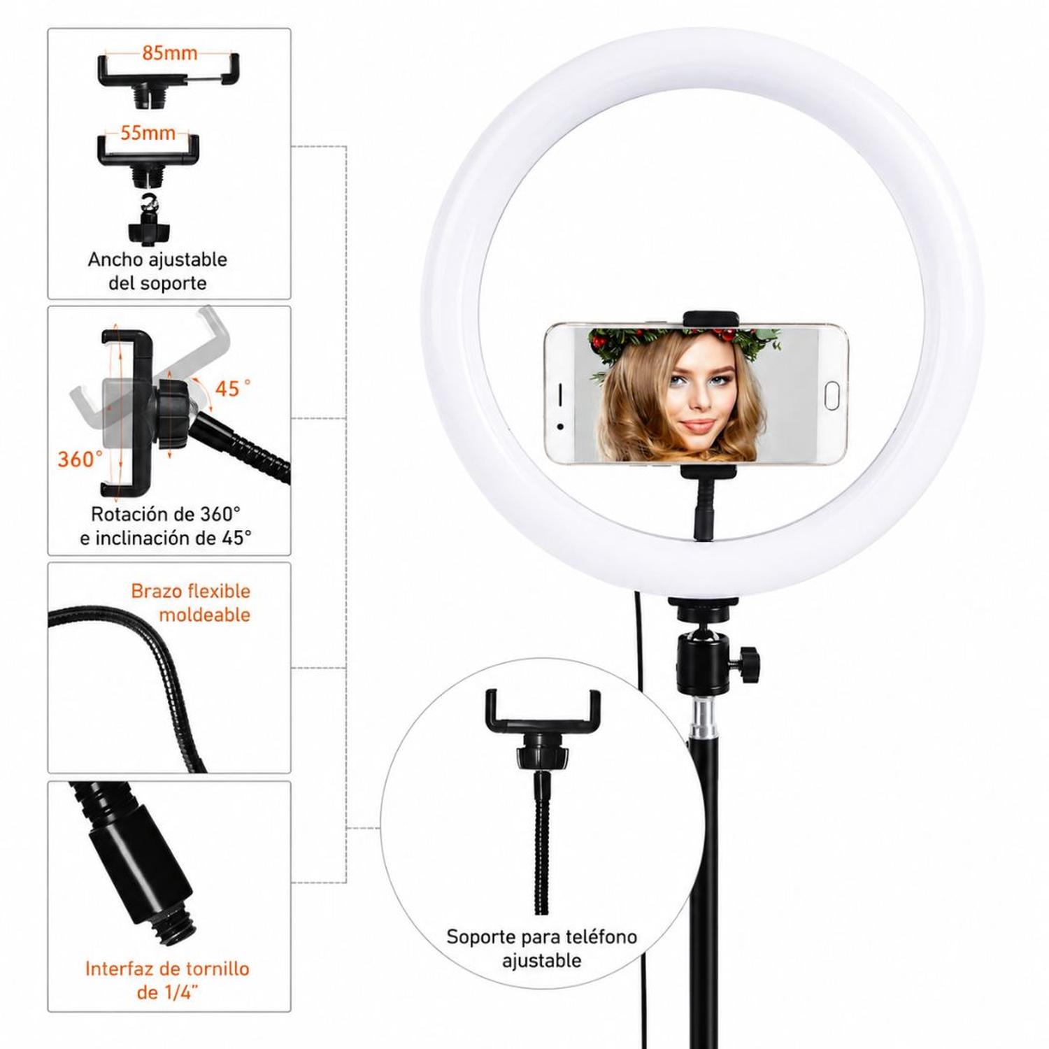 ARO DE LUZ LED 30CM CON SOPORTE PARA CELULAR QX-300 3 TONOS DE LUZ + TRÍPODE - 4
