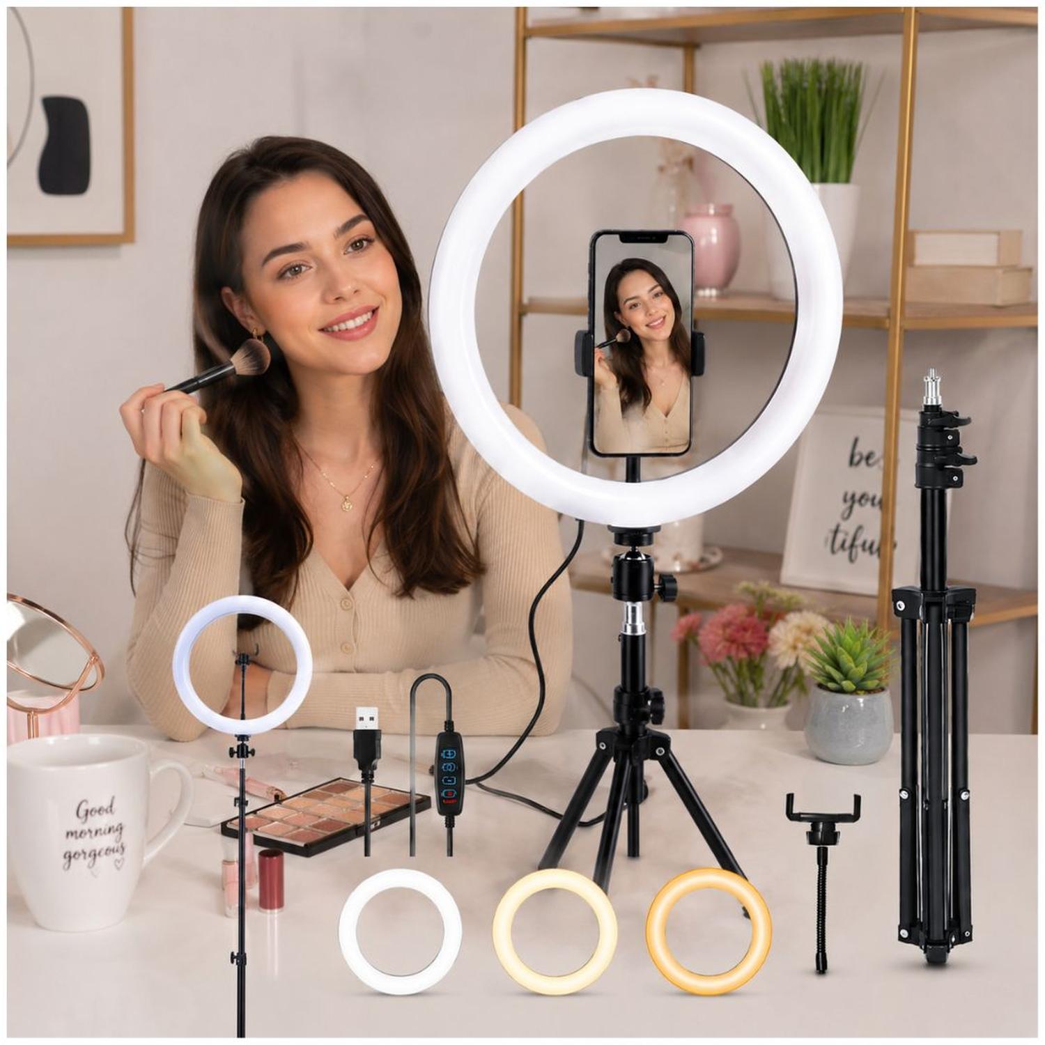 ARO DE LUZ LED 30CM CON SOPORTE PARA CELULAR QX-300 3 TONOS DE LUZ + TRÍPODE - 5