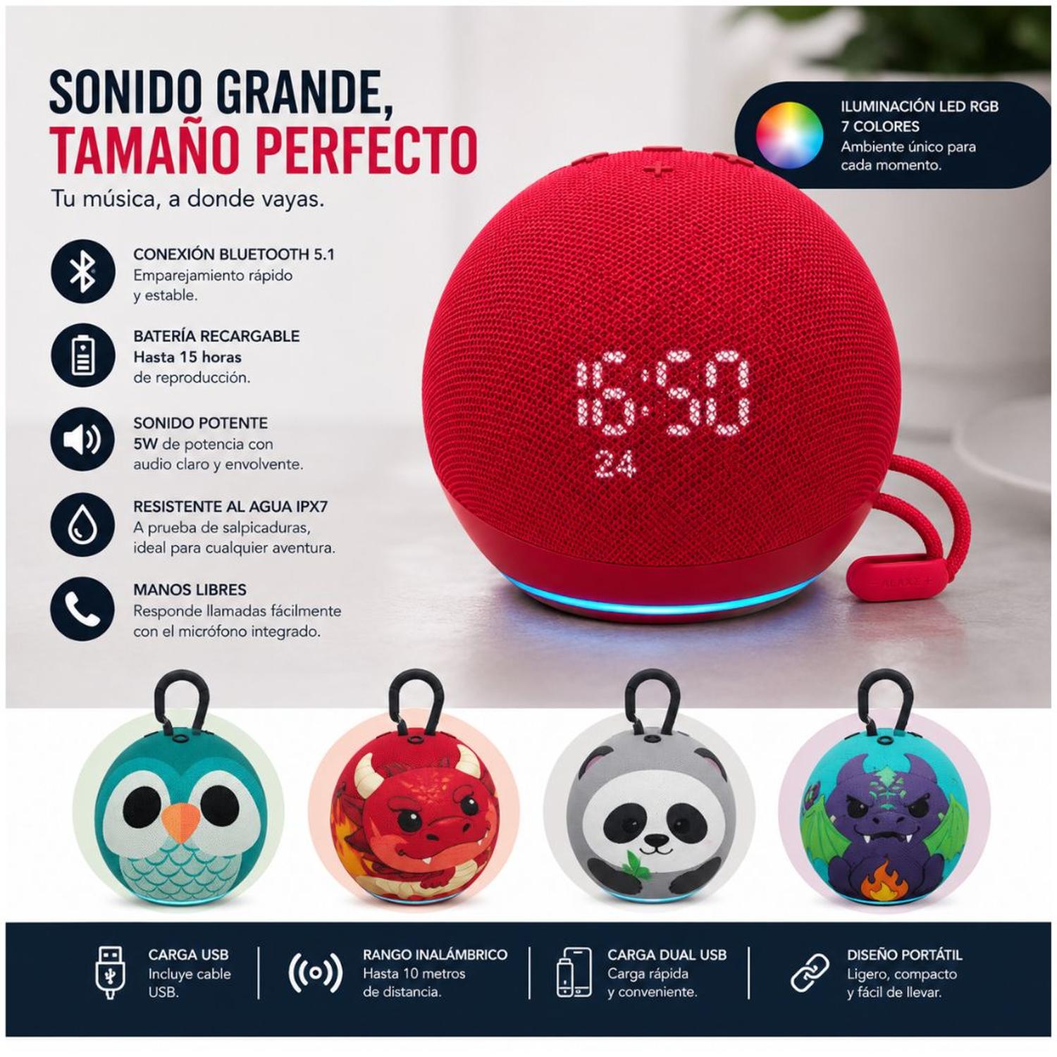 PARLANTE BLUETOOTH ECHQ DOF 5W LUZ LED RGB RECARGABLE Y MANOS LIBRES TAMAÑO M - 7