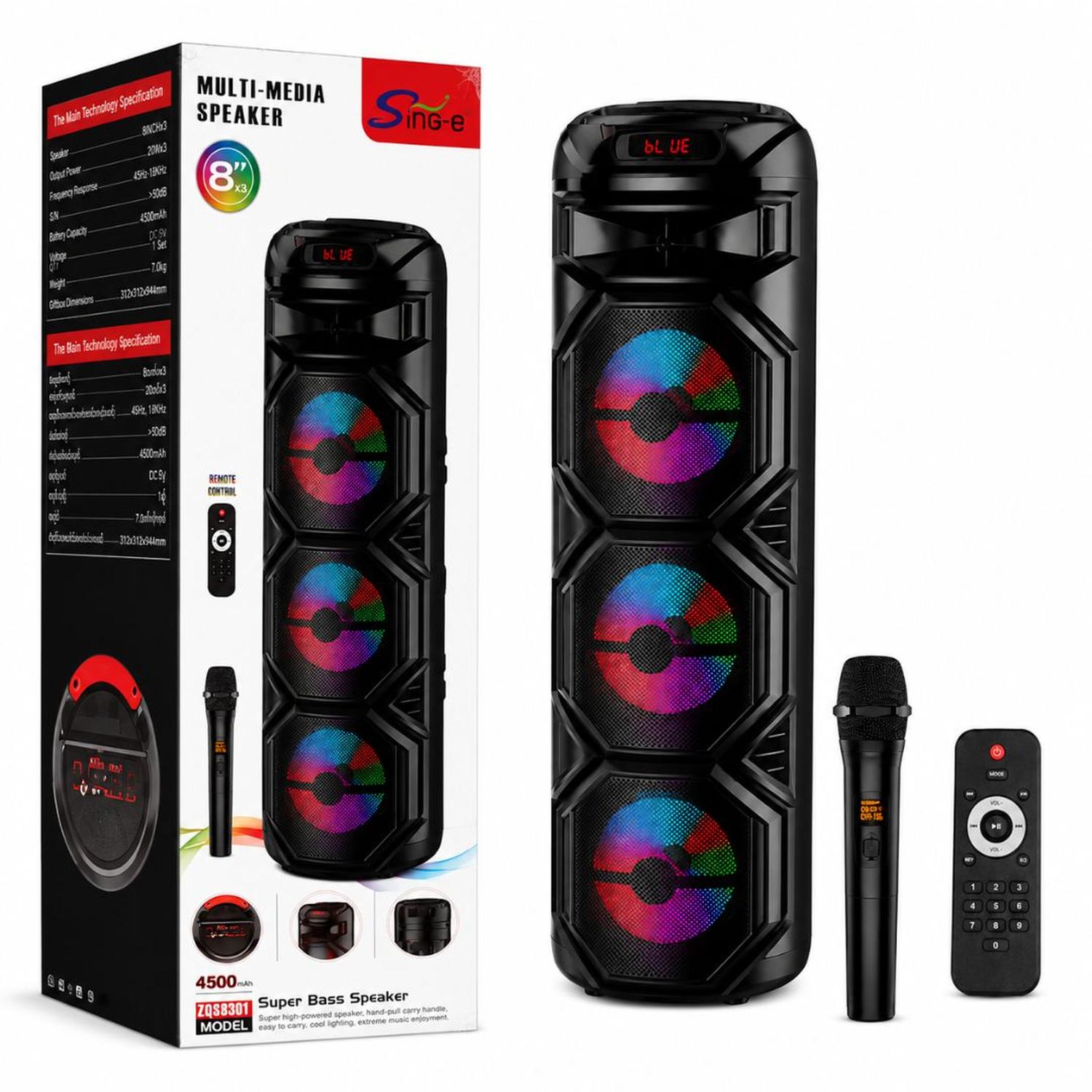 PARLANTE BLUETOOTH 60W LUCES LED MULTICOLOR TRIPLE PARLANTE 8' + MICRÓFONO + CONTROL - 2