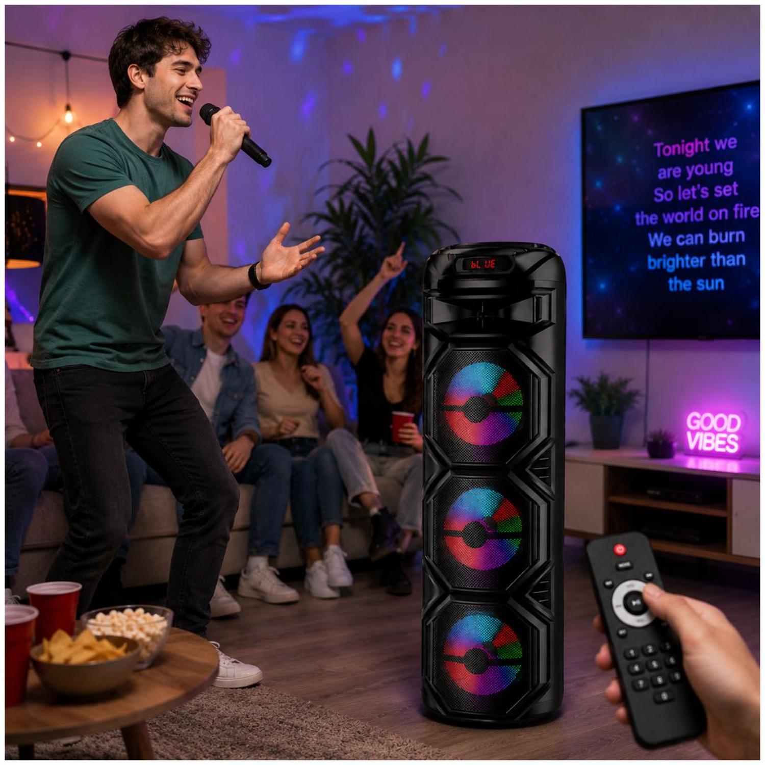 PARLANTE BLUETOOTH 60W LUCES LED MULTICOLOR TRIPLE PARLANTE 8' + MICRÓFONO + CONTROL - 4