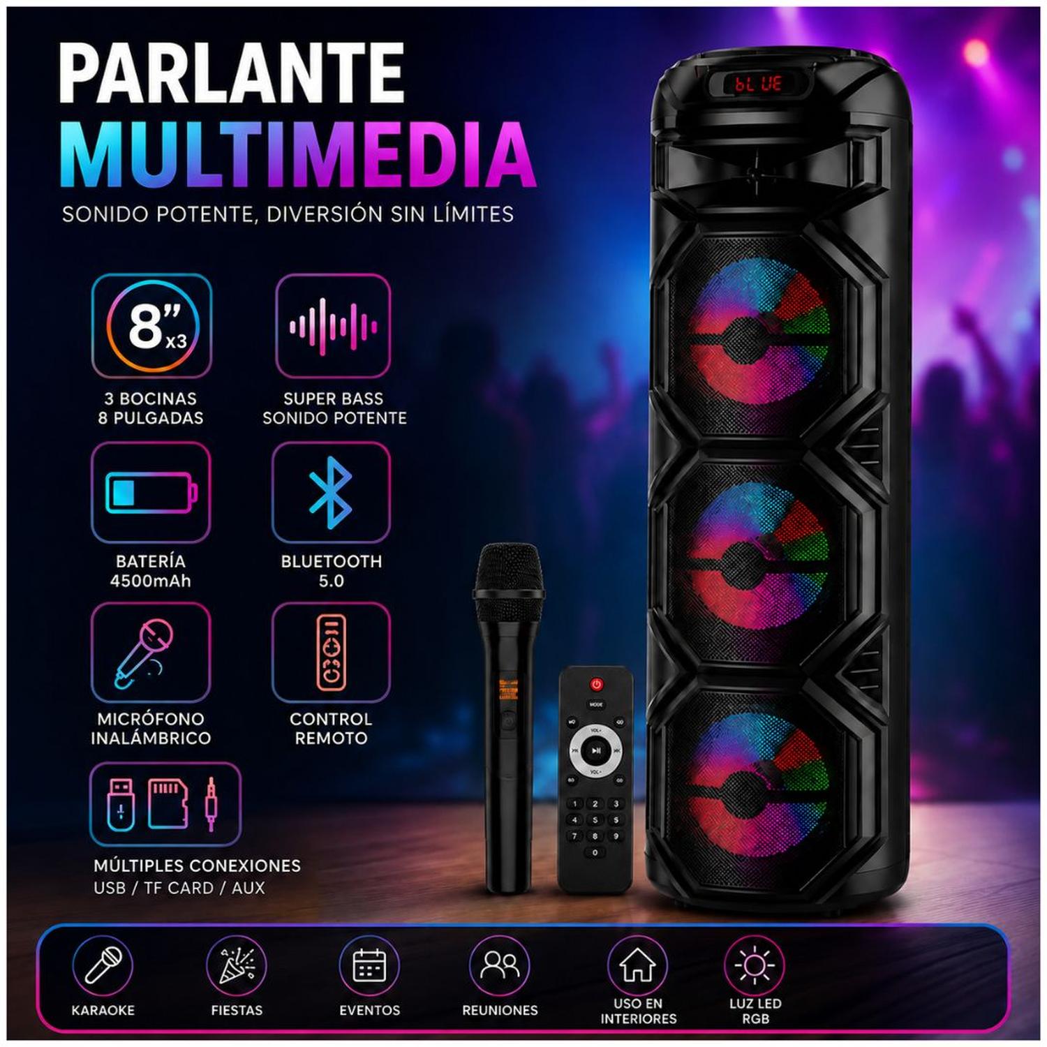 PARLANTE BLUETOOTH 60W LUCES LED MULTICOLOR TRIPLE PARLANTE 8' + MICRÓFONO + CONTROL - 5
