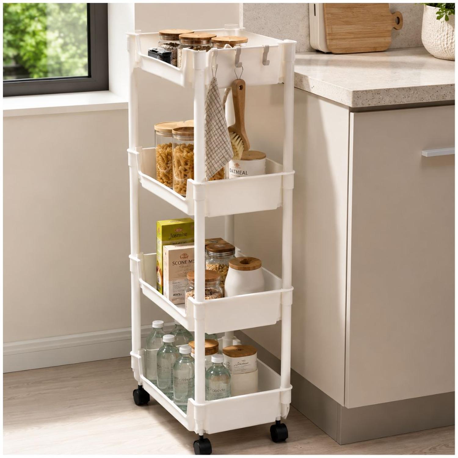CARRITO ORGANIZADOR CREMA MULTIUSOS 4 NIVELES CON RUEDAS 84X29X22CM - 1