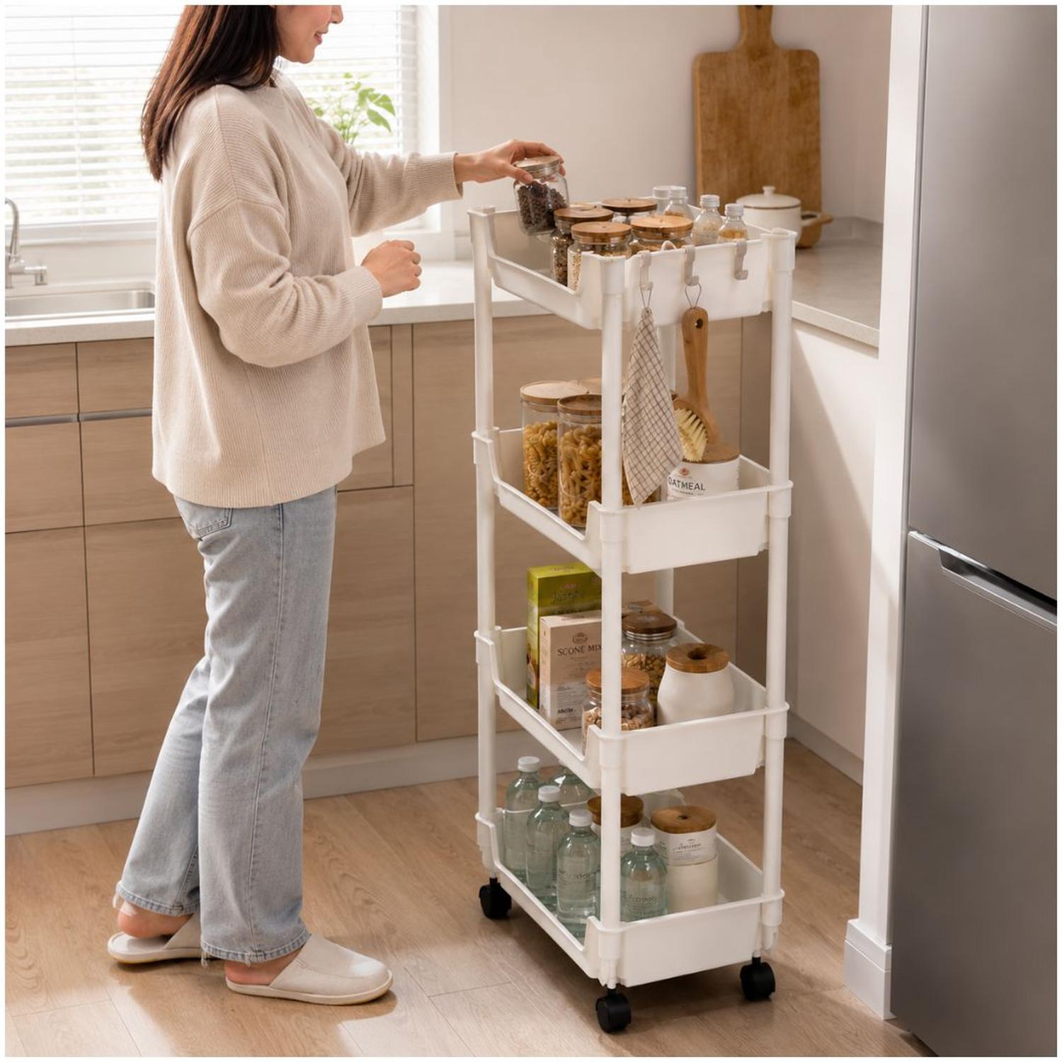 CARRITO ORGANIZADOR CREMA MULTIUSOS 4 NIVELES CON RUEDAS 84X29X22CM - 2