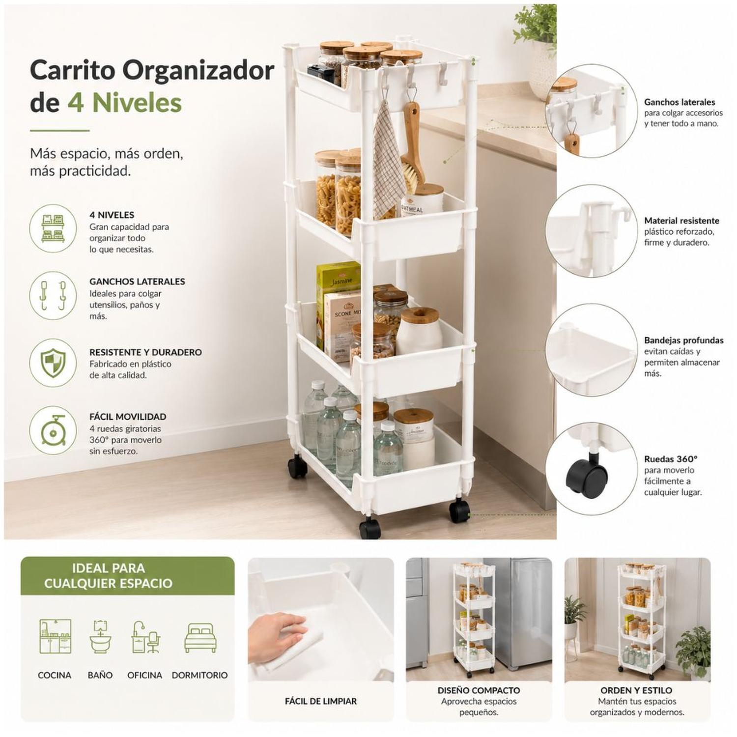 CARRITO ORGANIZADOR CREMA MULTIUSOS 4 NIVELES CON RUEDAS 84X29X22CM - 3