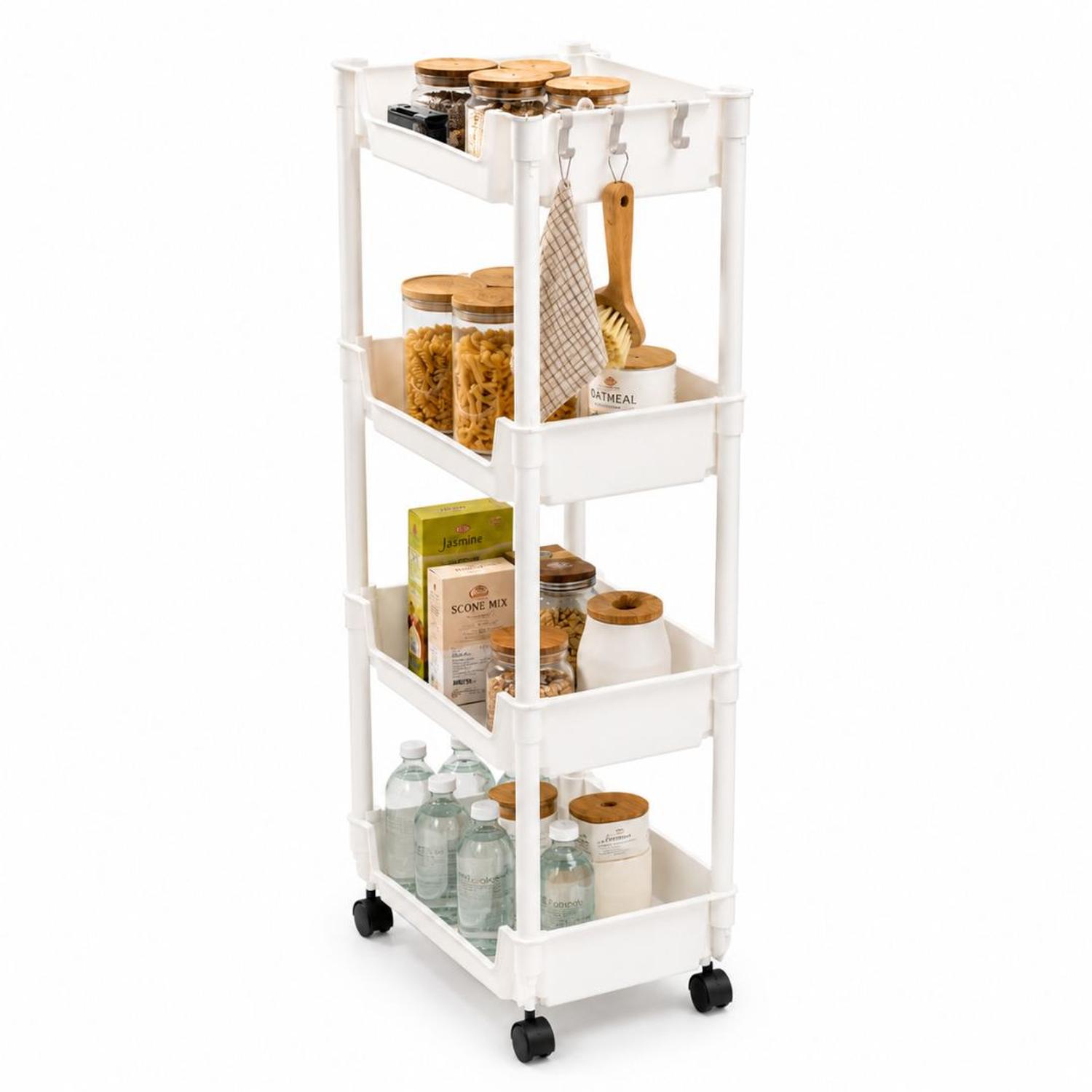 CARRITO ORGANIZADOR CREMA MULTIUSOS 4 NIVELES CON RUEDAS 84X29X22CM - 4