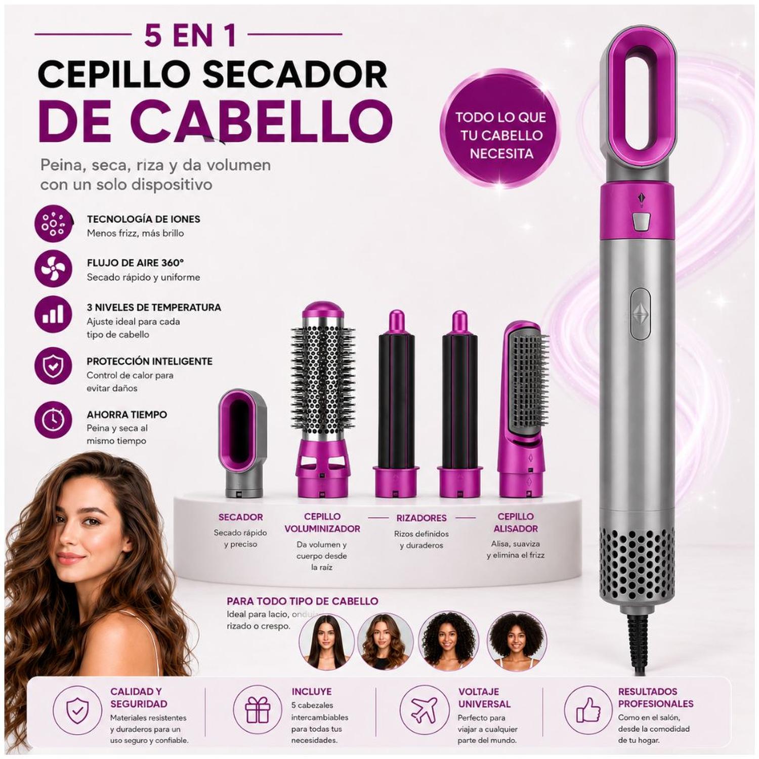 CEPILLO SECADOR MULTIFUNCIONAL 5 EN 1 PARA CABELLO RIZADOR Y PEINES INTERCAMBIABLES TAMAÑO M - 7
