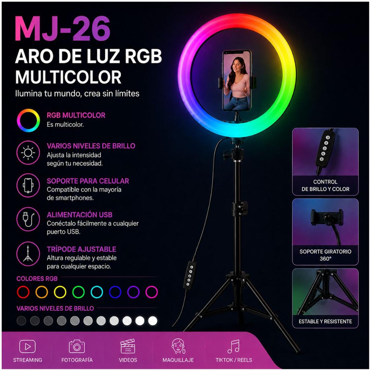 ARO LUZ LED RGB DE 26CM VIDEO PROFESIONAL STREAMING + TRÍPODE - 2