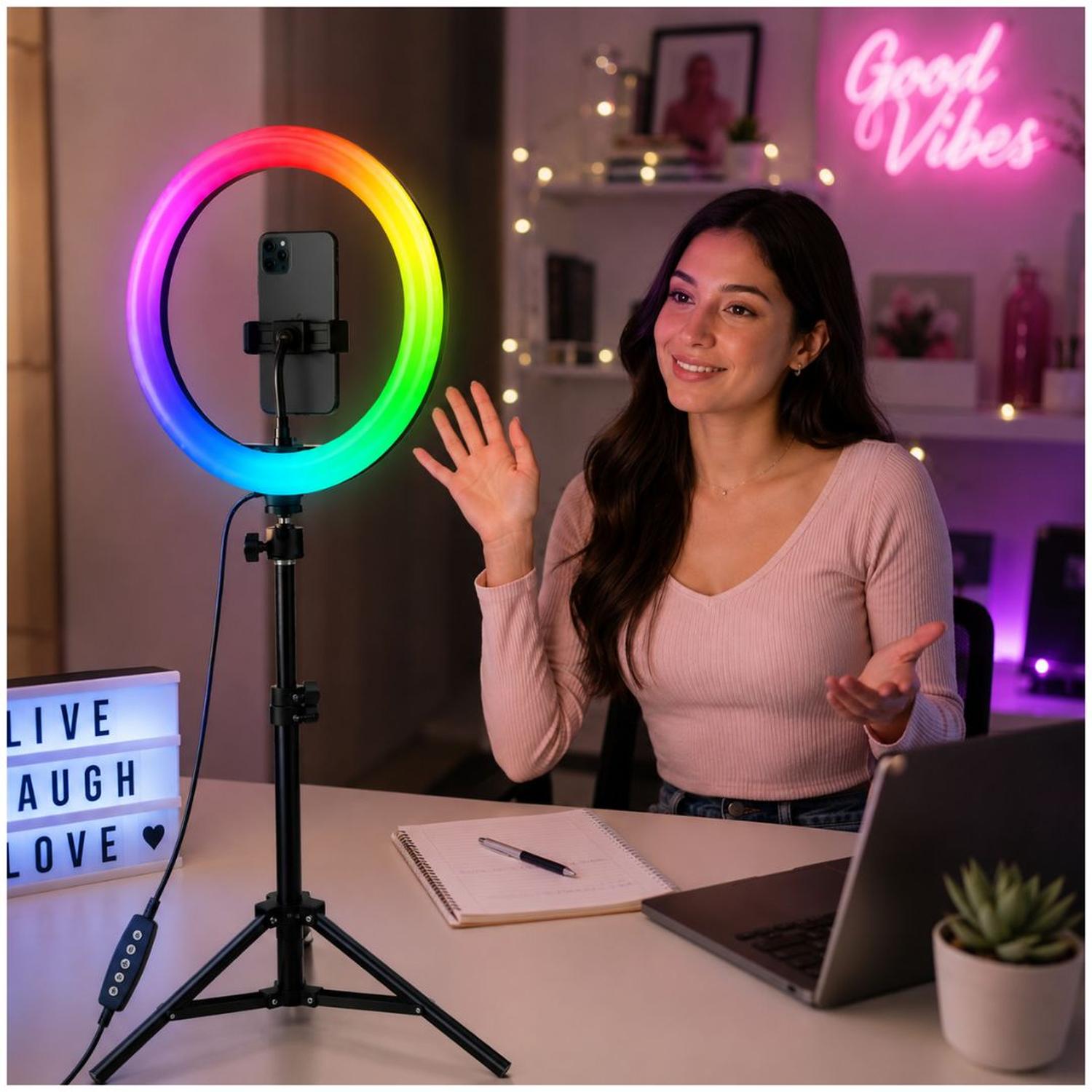 ARO LUZ LED RGB DE 26CM VIDEO PROFESIONAL STREAMING + TRÍPODE - 4