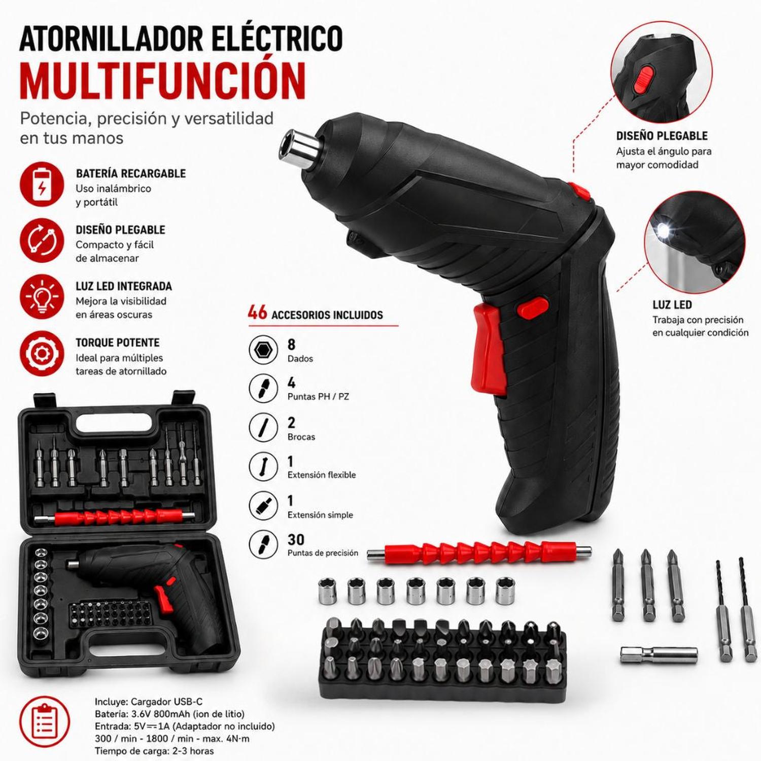 KIT ATORNILLADOR DESTORNILLADOR TALADRO ELÉCTRICO INALÁMBRICO RECARGABLE 46 PIEZAS LUZ LED - 5
