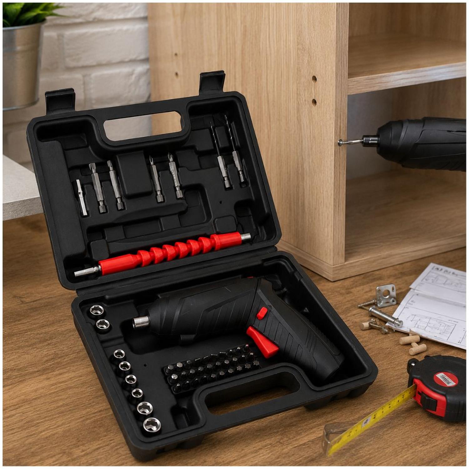 KIT ATORNILLADOR DESTORNILLADOR TALADRO ELÉCTRICO INALÁMBRICO RECARGABLE 46 PIEZAS LUZ LED - 7