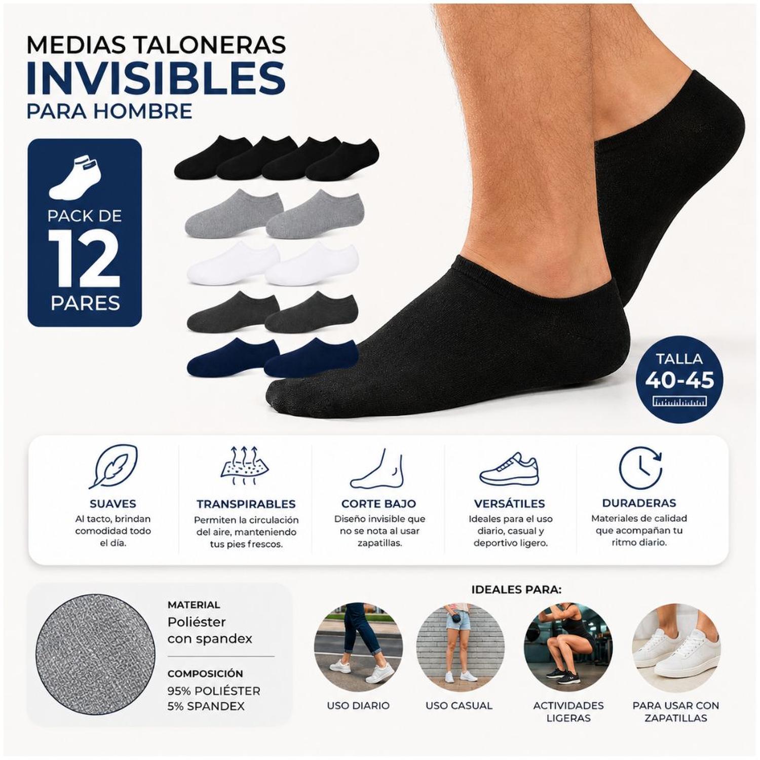 PACK X12 PARES DE MEDIAS TALONERAS PARA HOMBRE TRANSPIRABLES TALLA 40-45 - 3