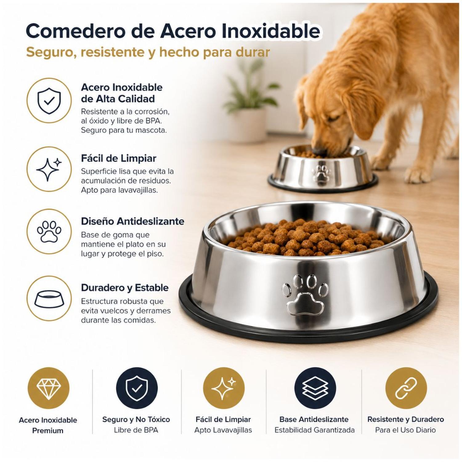 PLATO COMEDERO PARA MASCOTAS 30CM ACERO INOXIDABLE ANTIDESLIZANTE PERROS Y GATOS - 3