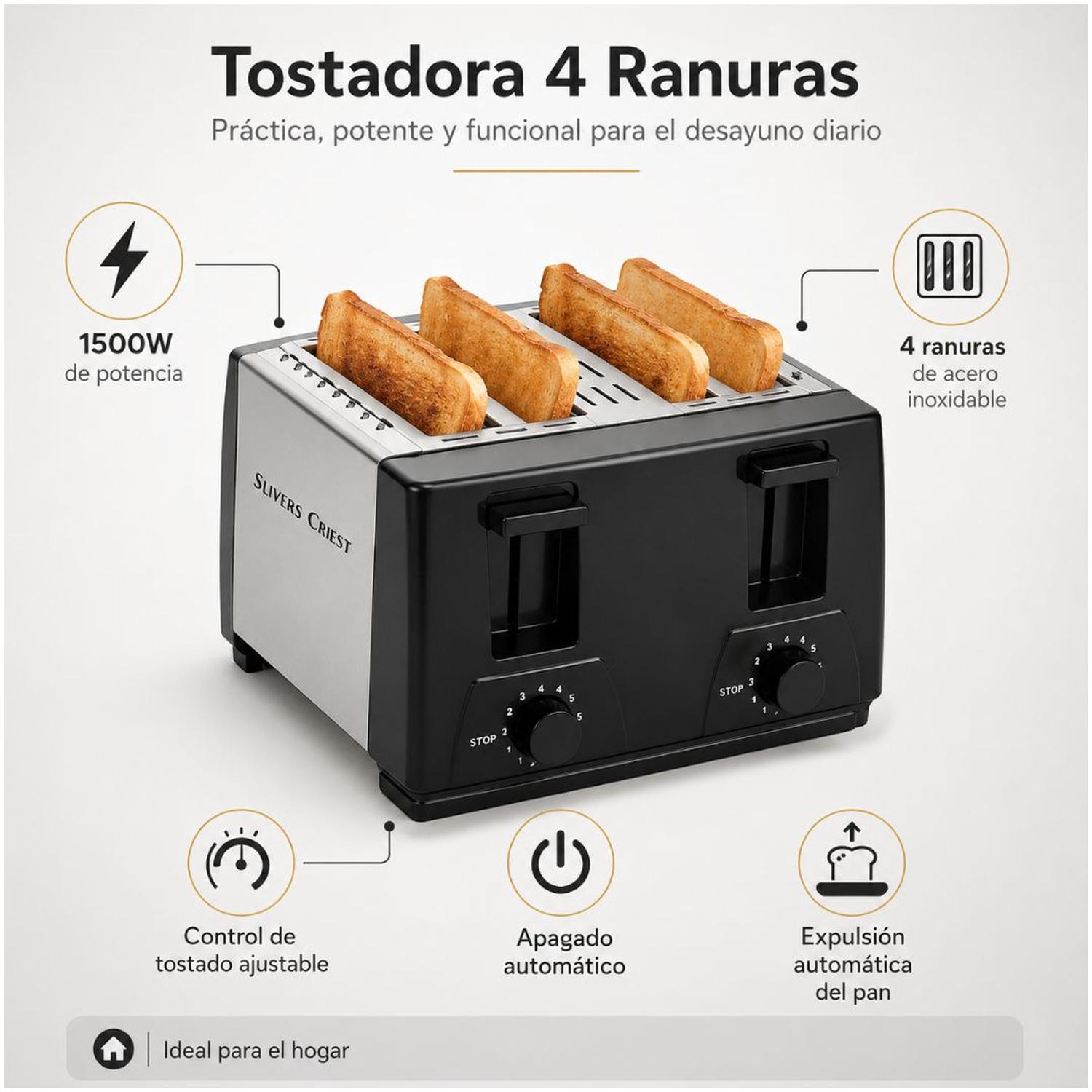 TOSTADORA ELÉCTRICA SC-BRD03 DE ACERO INOXIDABLE 4 PANES 1500W - 4