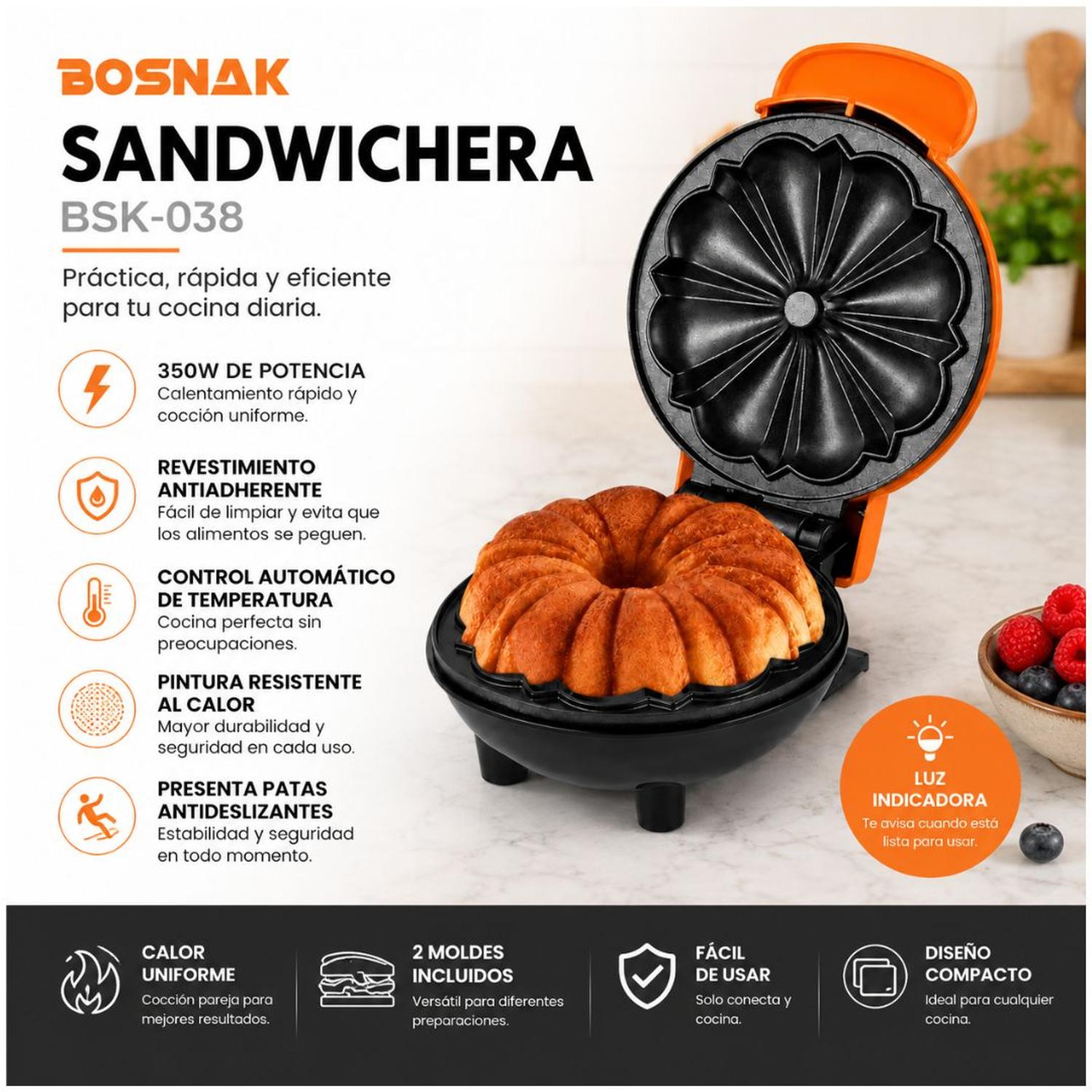 SANDWICHERA BOSNAK BSK-038 350W ANTIADHERENTE TIPO FLOR PASTELES CAKES - 2