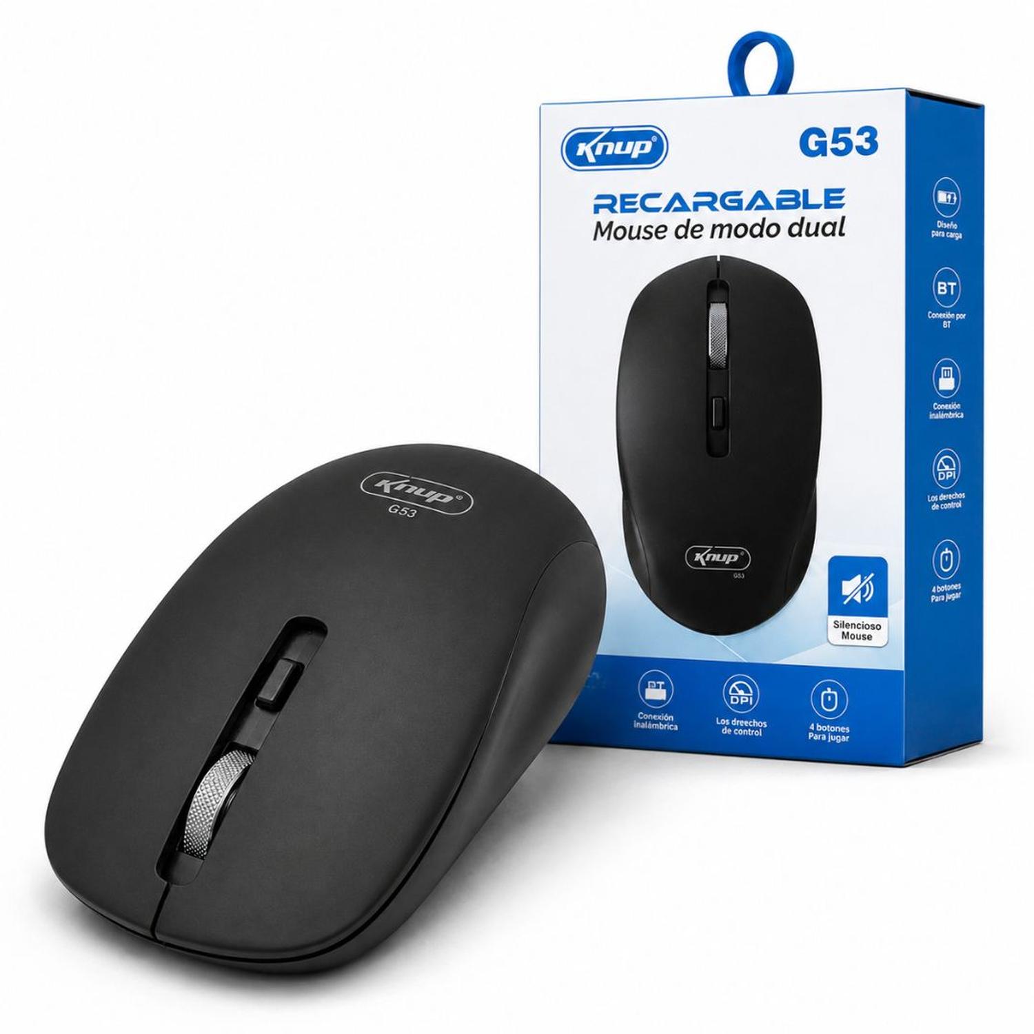 MOUSE INALÁMBRICO RECARGABLE KNUP G53 SILENCIOSO BLUETOOTH Y 2.4G LAPTOP PC TAMAÑO M - 1